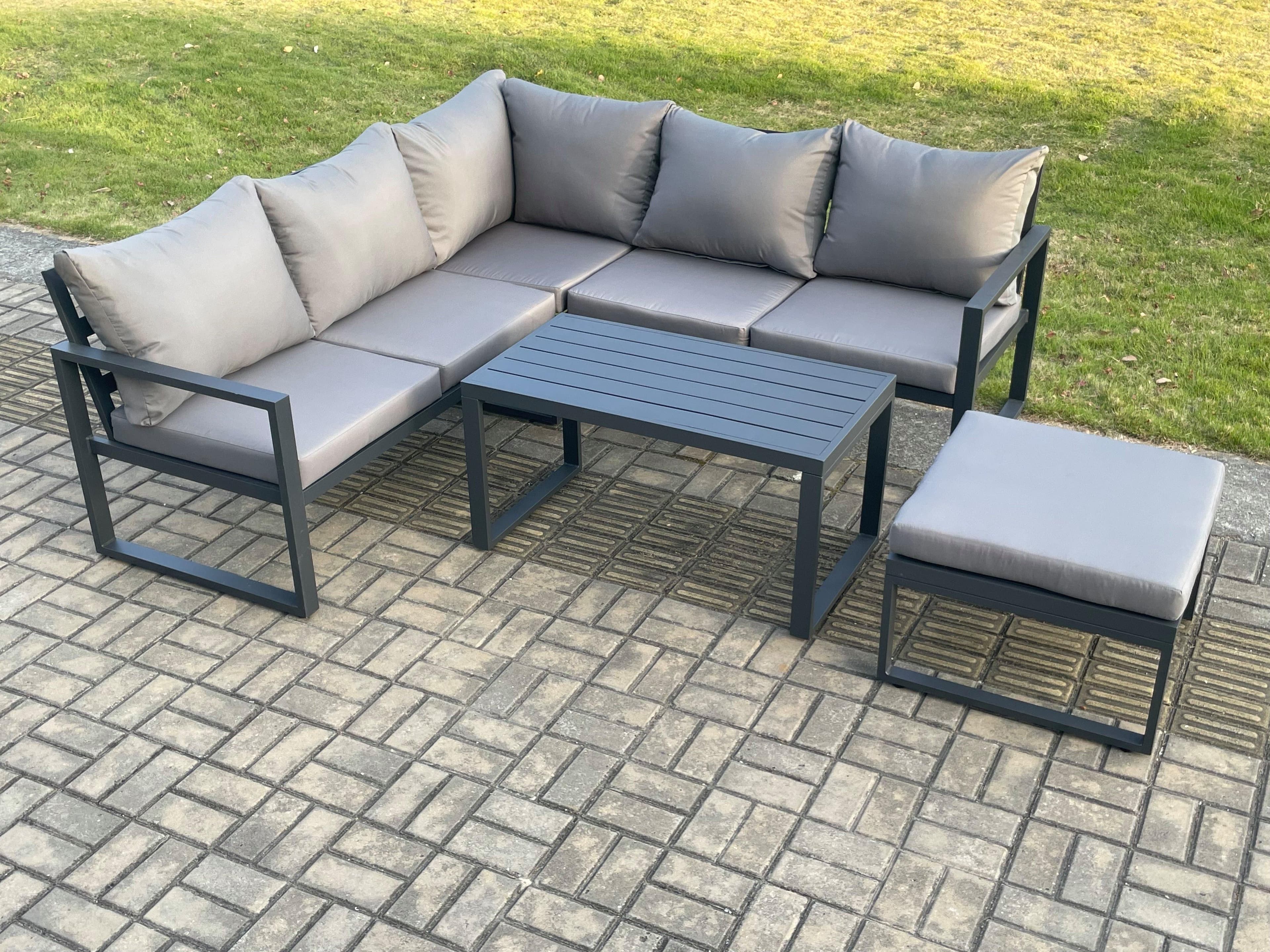 Aluminium Outdoor Garden Furniture Set Lounge Sofa Coffee Table Sets Big Footstool Indoor Conservatory Set Dark Grey