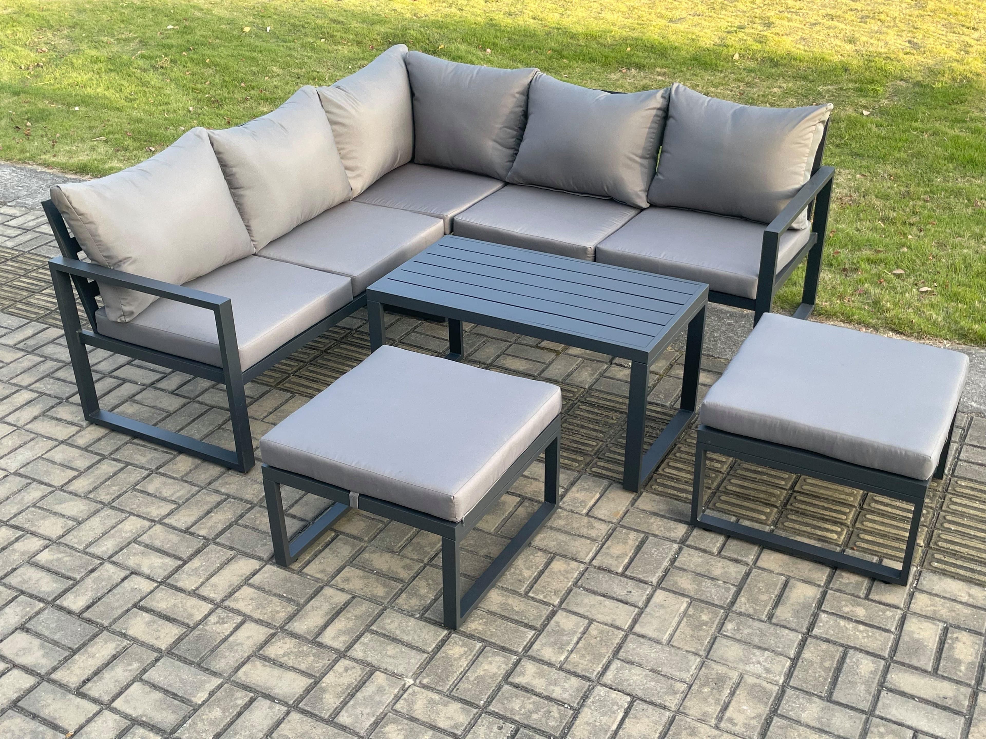 Aluminium Outdoor Garden Furniture Set Lounge Sofa Coffee Table Sets 2 Big Footstool Indoor Conservatory Set Dark Grey