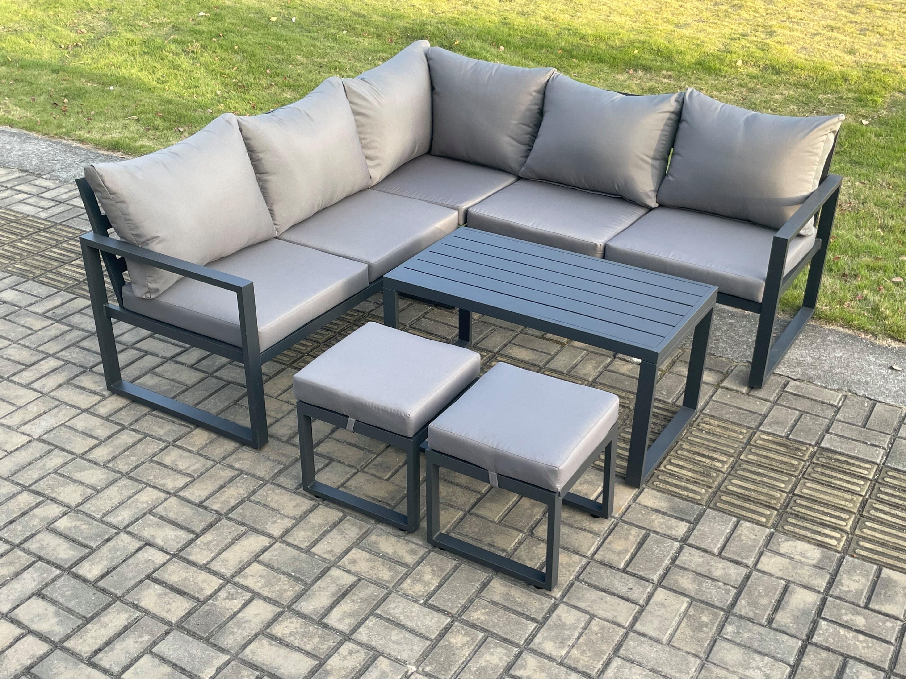 Aluminium Outdoor Garden Furniture Set Lounge Sofa Coffee Table Sets 2 Small Footstools Indoor Conservatory Set Dark Grey