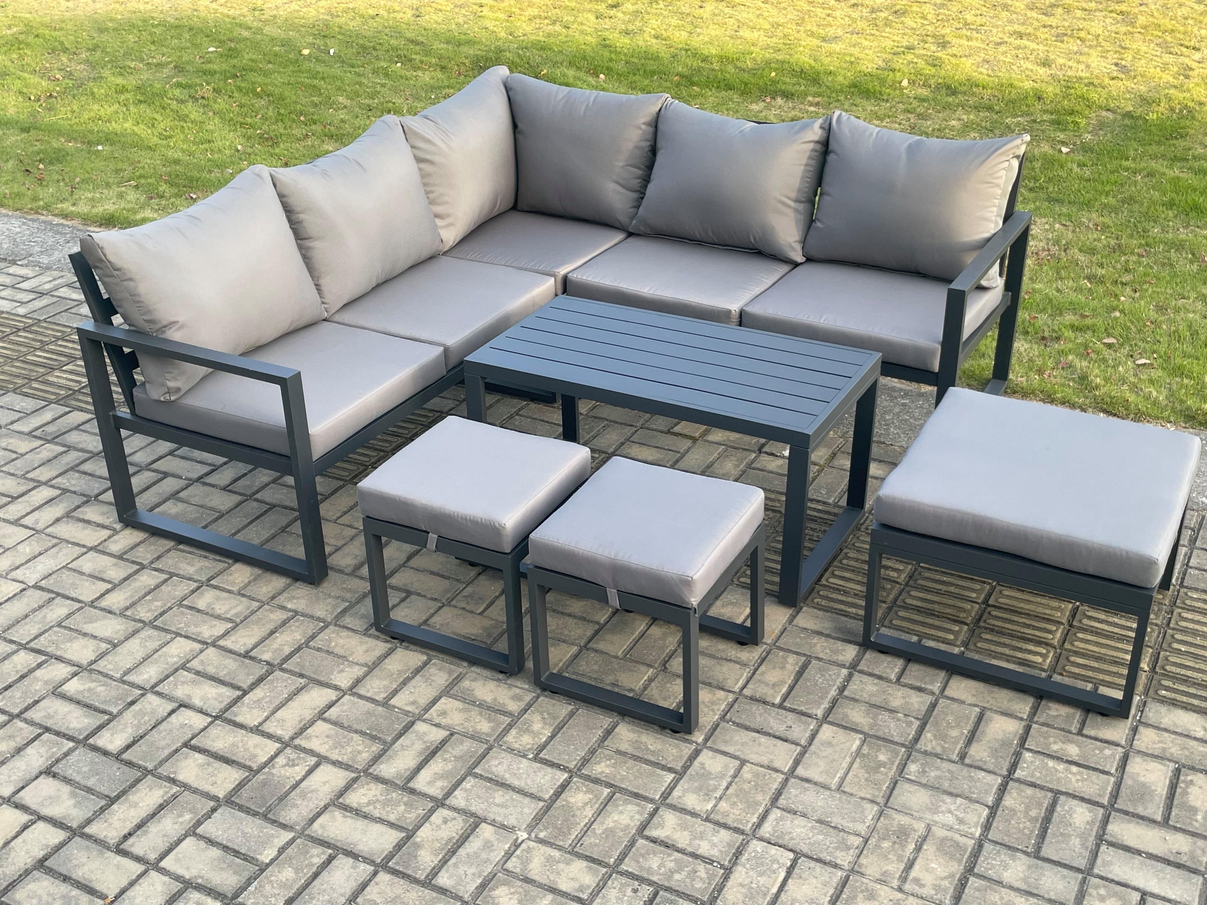 Aluminium Outdoor Garden Furniture Set Lounge Sofa Coffee Table Sets 3 Footstools Indoor Conservatory Set Dark Grey