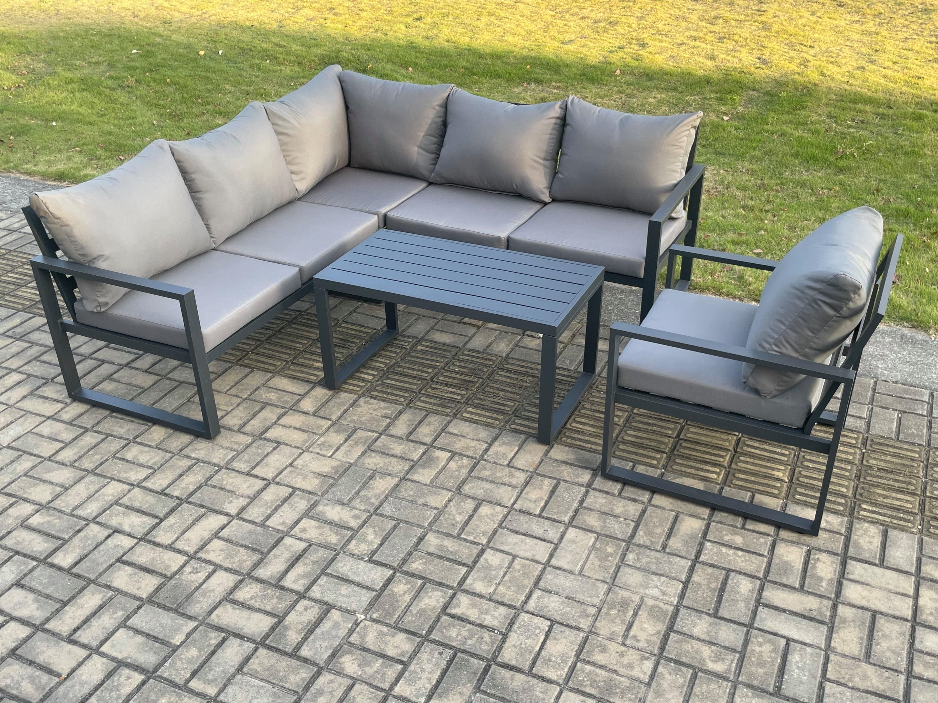 Aluminium Outdoor Garden Furniture Set Lounge Sofa Oblong Coffee Table Sets Chair Indoor Conservatory Set Dark Grey