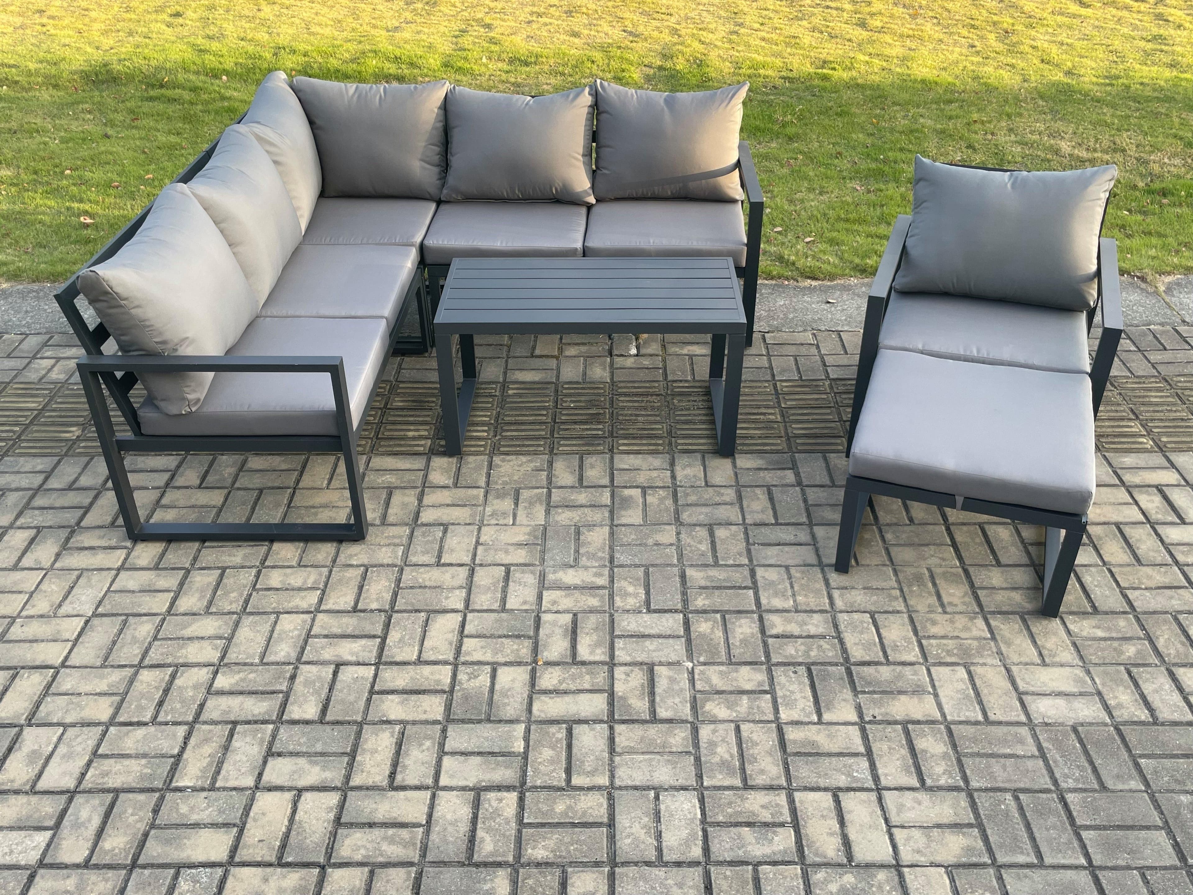 Aluminium Outdoor Garden Furniture Set Lounge Sofa Oblong Coffee Table Sets Chair Big Footstool Indoor Conservatory Set Dark Grey