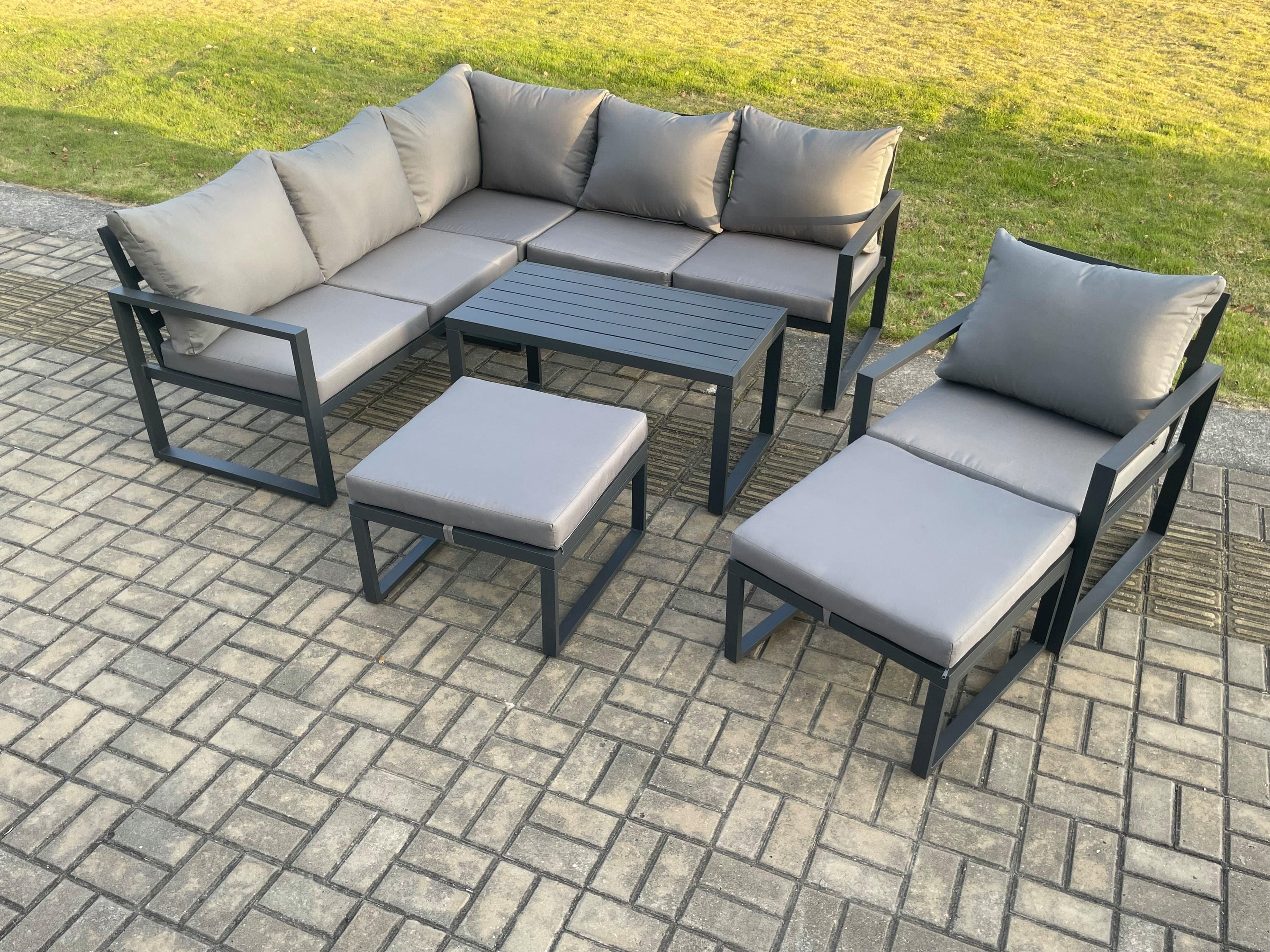 Aluminium Outdoor Garden Furniture Set Lounge Sofa Oblong Coffee Table Sets Chair 2 Big Footstools Indoor Conservatory Set Dark Grey