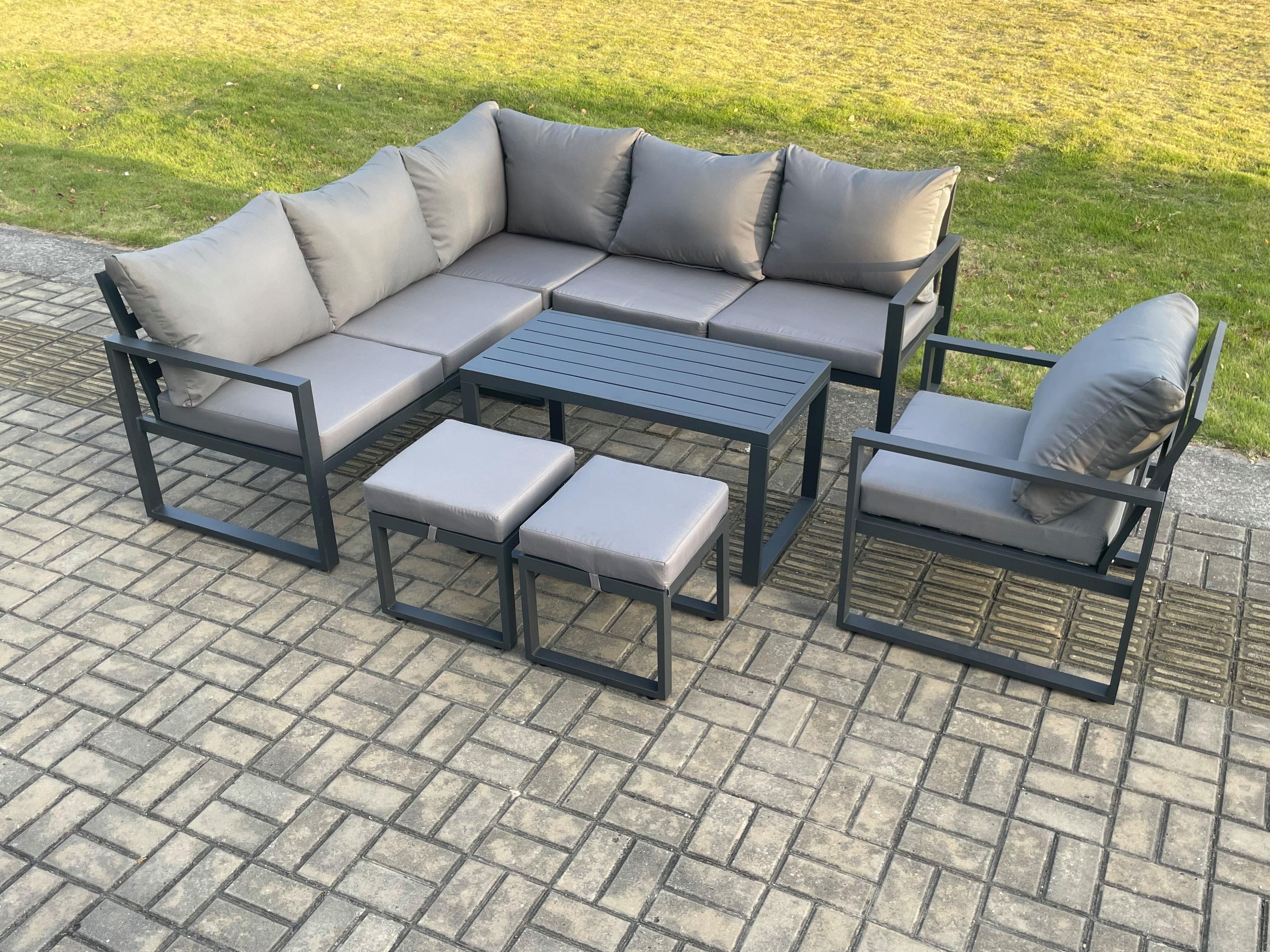 Aluminium Outdoor Garden Furniture Set Lounge Sofa Oblong Coffee Table Sets Chair 2 Small Footstools Indoor Conservatory Set Dark Grey