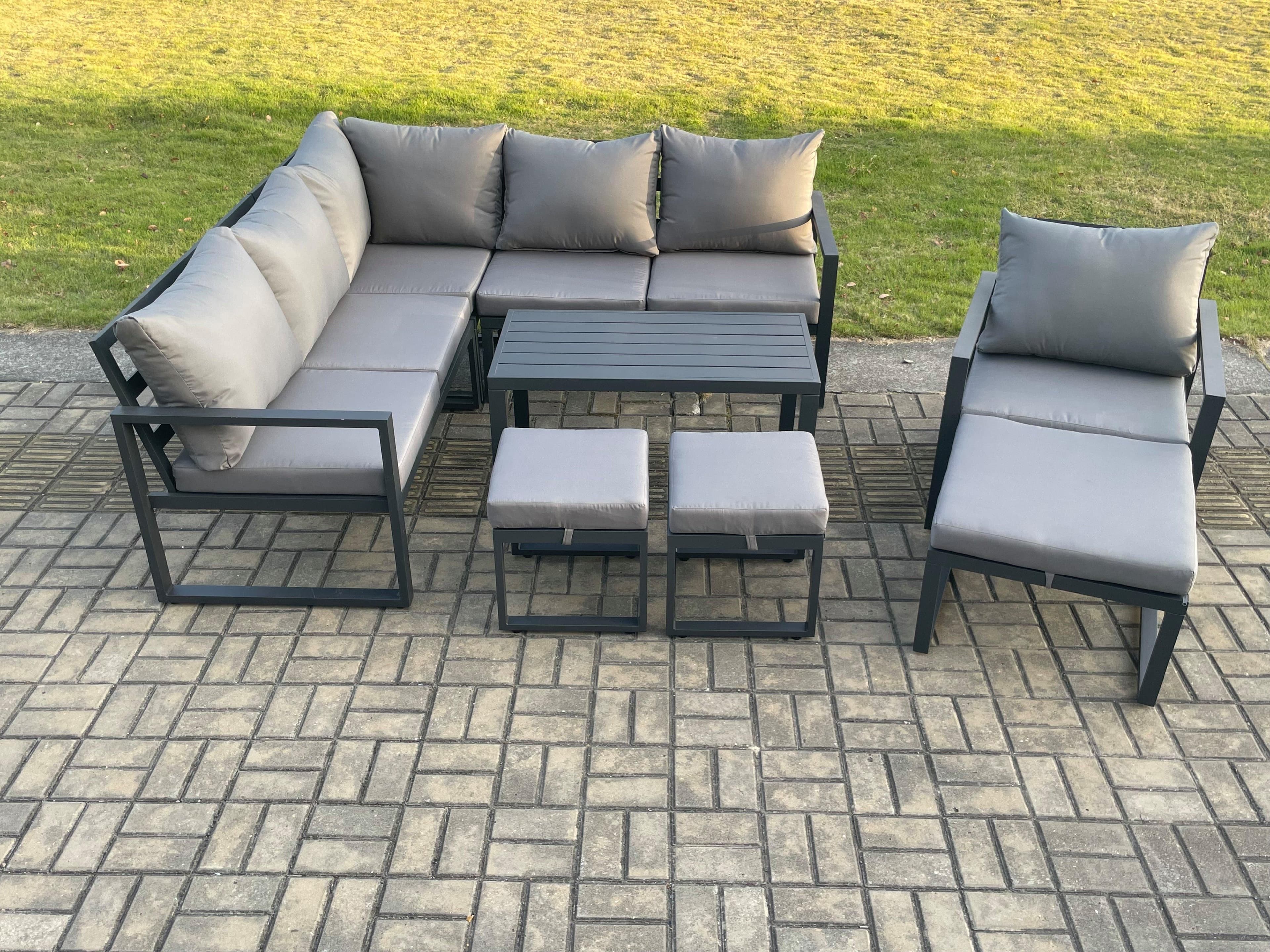Aluminium Outdoor Garden Furniture Set Lounge Sofa Oblong Coffee Table Sets Chair 3 Footstools Indoor Conservatory Set Dark Grey
