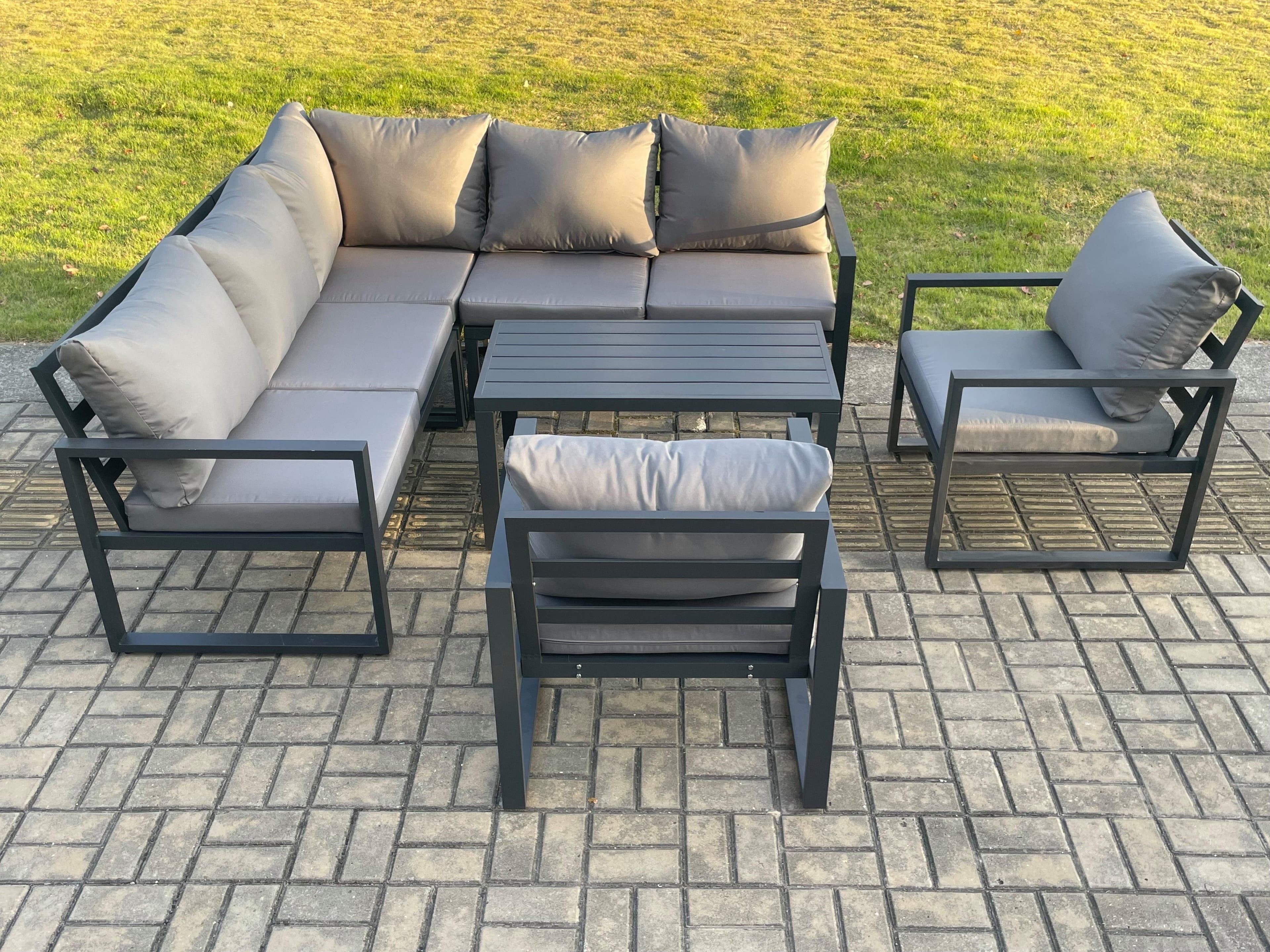 Aluminium Outdoor Garden Furniture Set Lounge Sofa Oblong Coffee Table Sets 2 Pcs Chair Indoor Conservatory Set Dark Grey