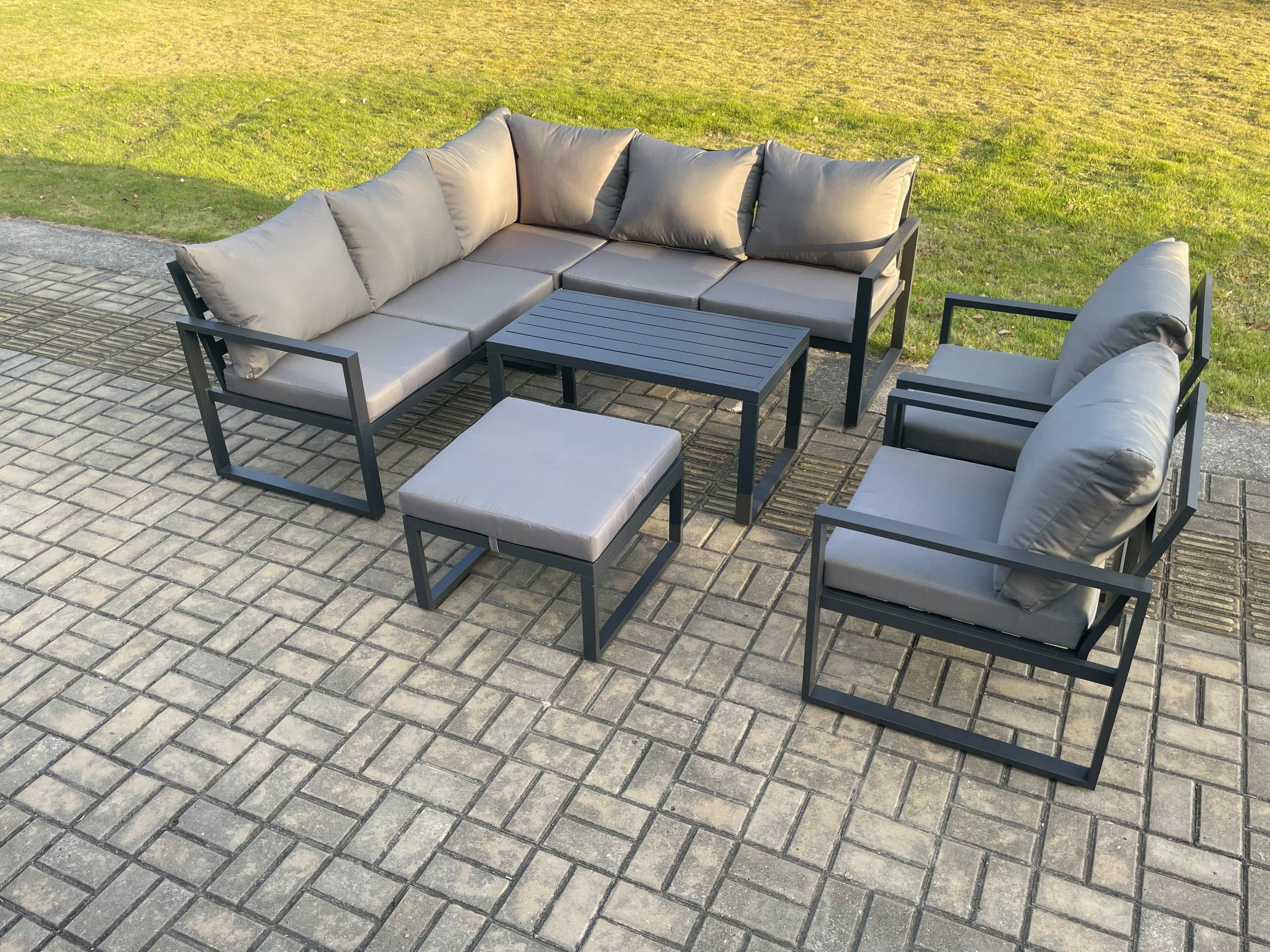Aluminium Outdoor Garden Furniture Set Lounge Sofa Oblong Coffee Table Sets 2 Pcs Chair Big Footstool Indoor Conservatory Set