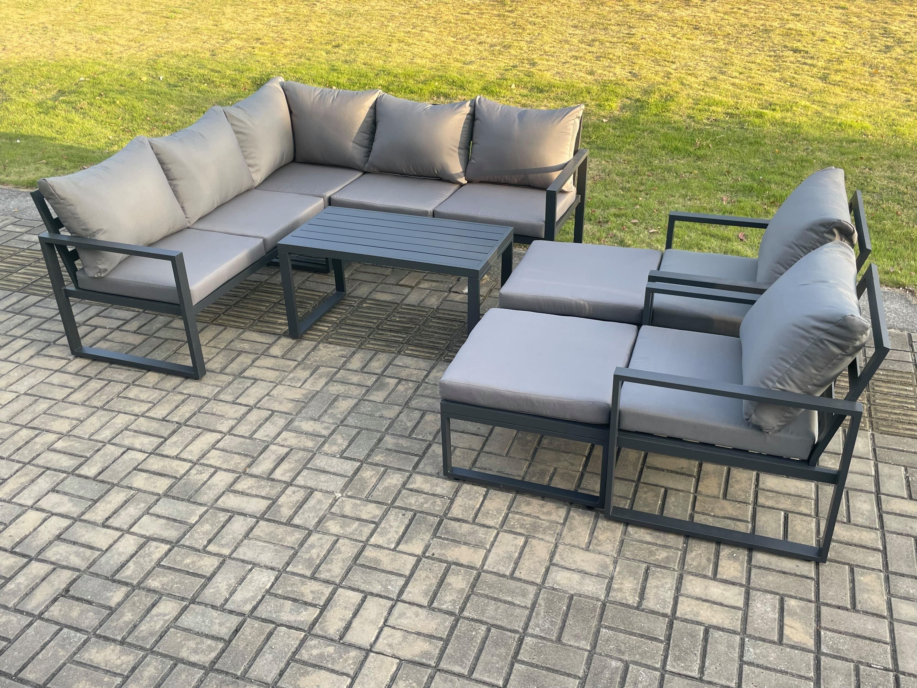 9 Seater Aluminium Outdoor Garden Furniture Set Patio Lounge Sofa Oblong Coffee Table 2 Big Footstools Dark Grey