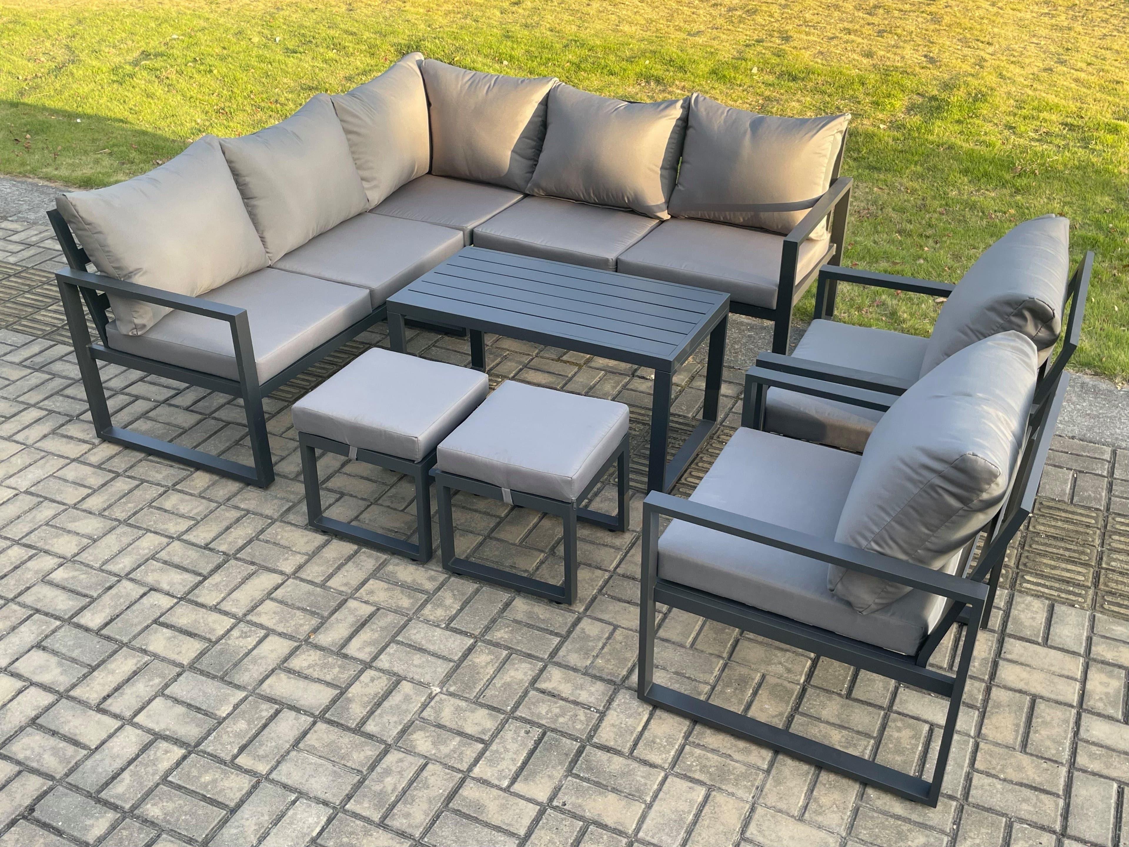 9 Seater Aluminium Outdoor Garden Furniture Set Patio Lounge Sofa Oblong Coffee Table 2 Small Footstools Dark Grey