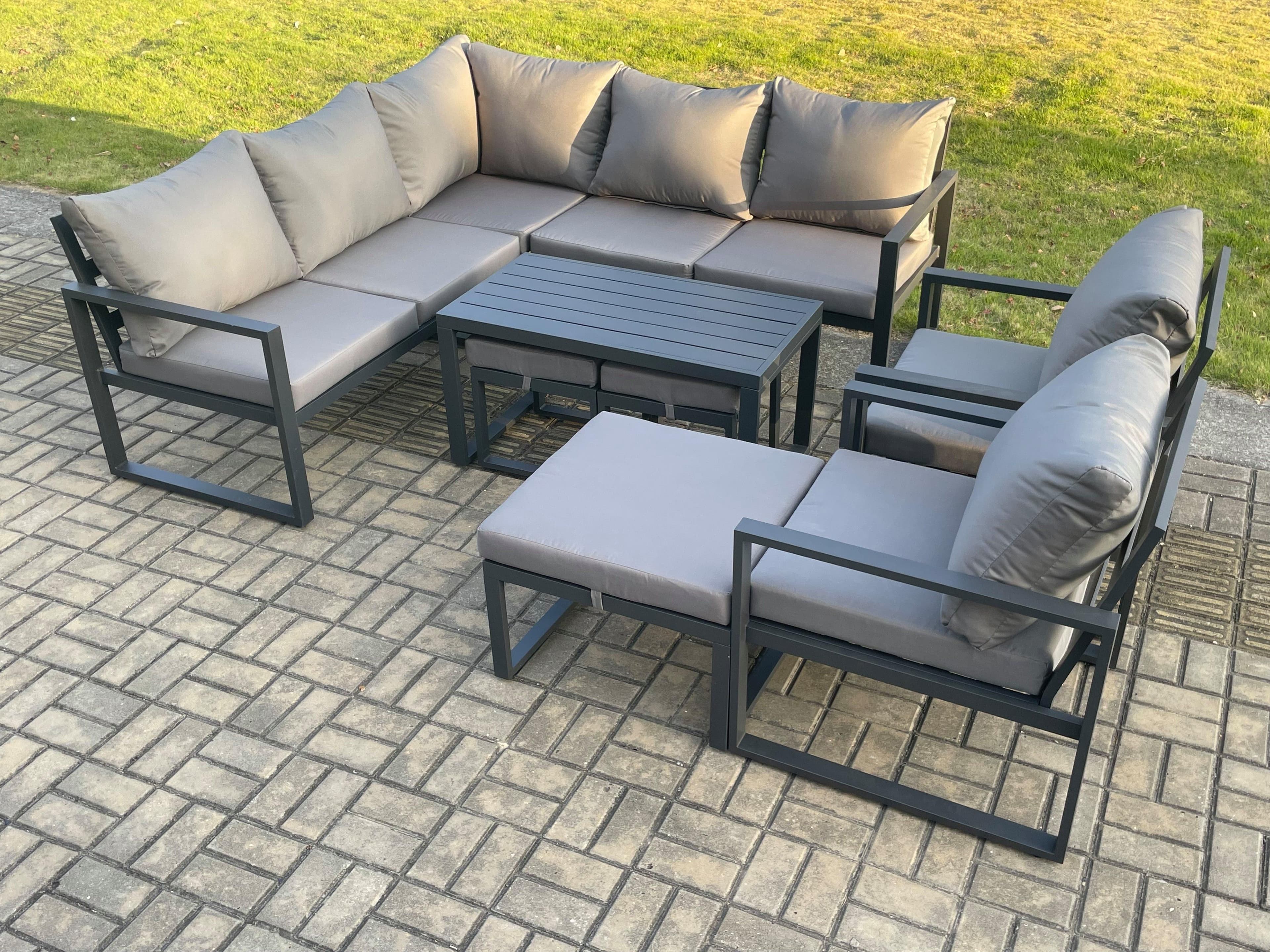 10 Seater Aluminium Outdoor Garden Furniture Set Patio Lounge Sofa Oblong Coffee Table 3 Footstools Dark Grey