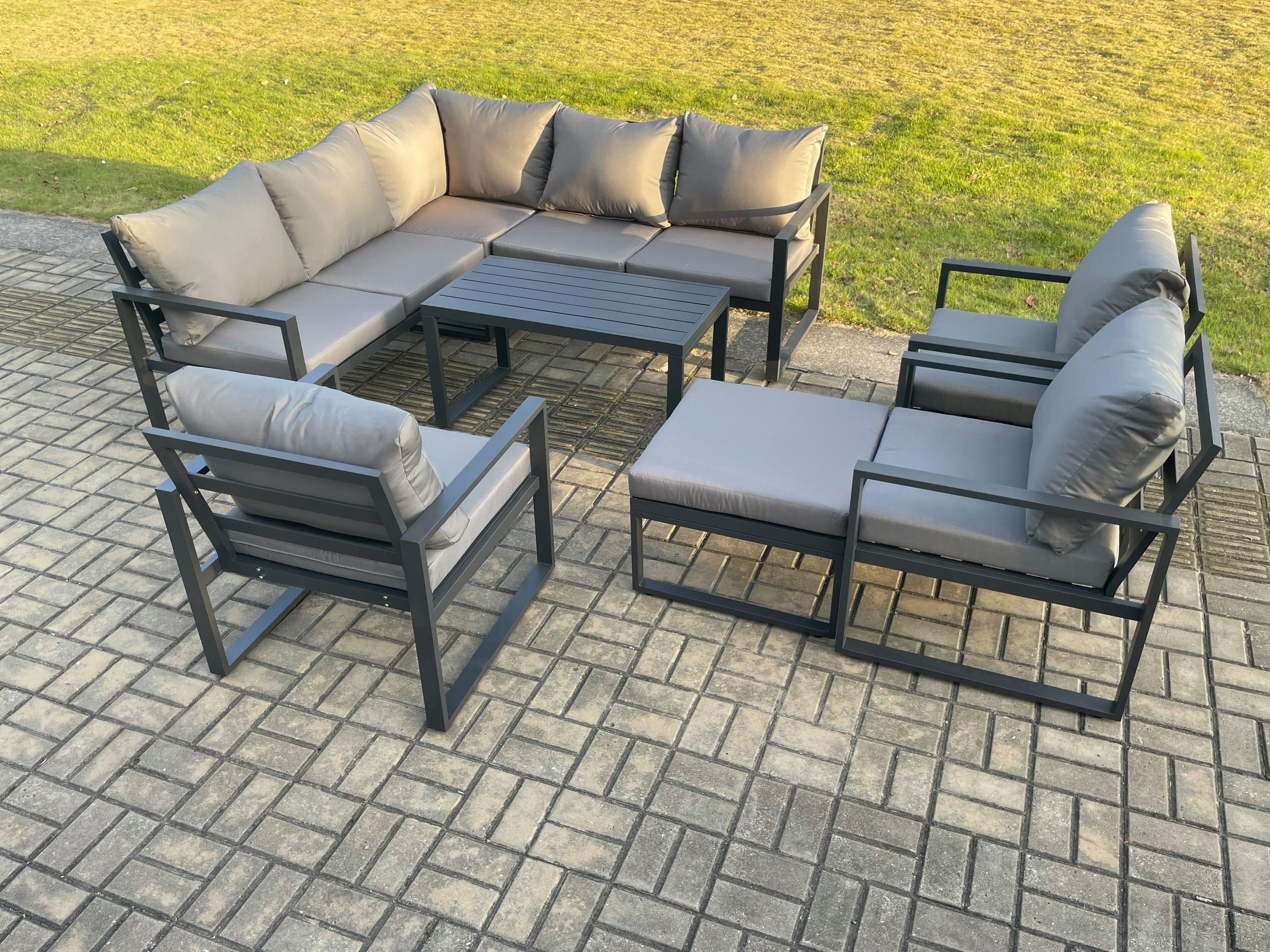 9 Seater Aluminium Outdoor Garden Furniture Set Patio Lounge Sofa Oblong Coffee Table Chair Big Footstool Dark Grey