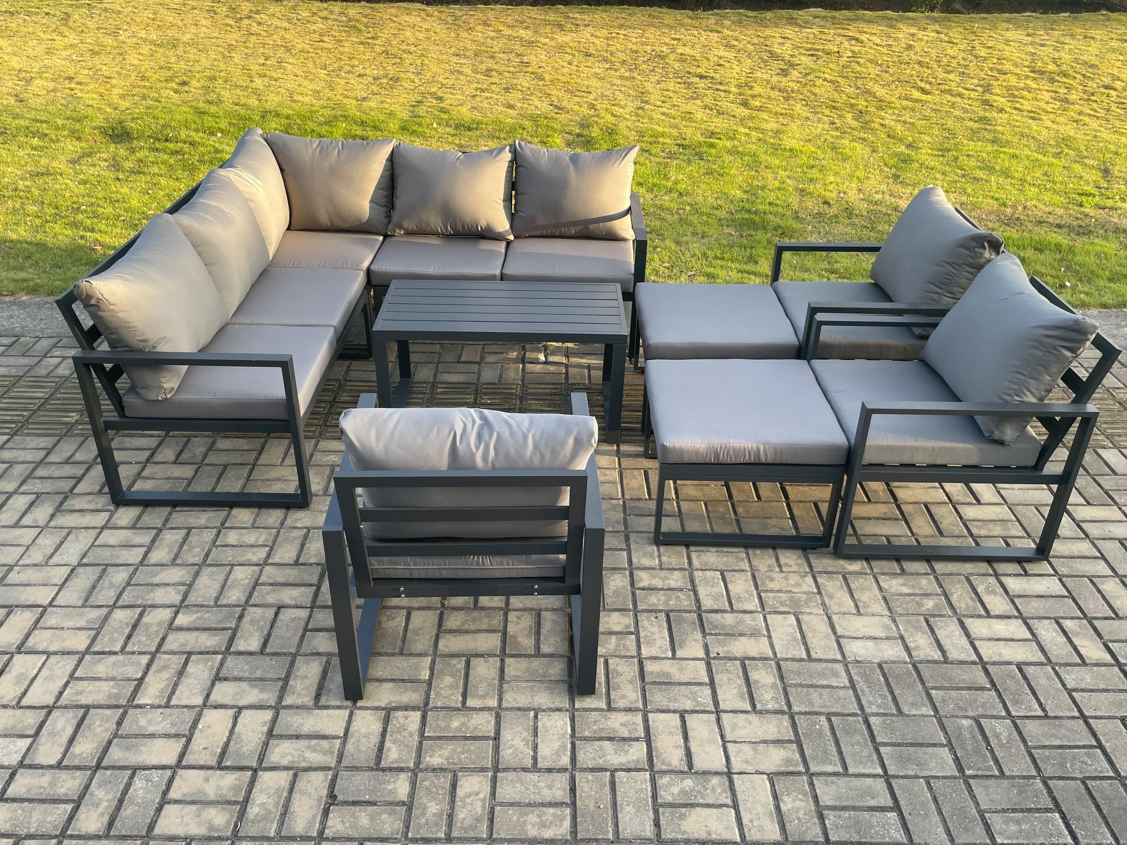 10 Seater Aluminium Outdoor Garden Furniture Set Patio Lounge Sofa Oblong Coffee Table Chair 2 Big Footstools Dark Grey