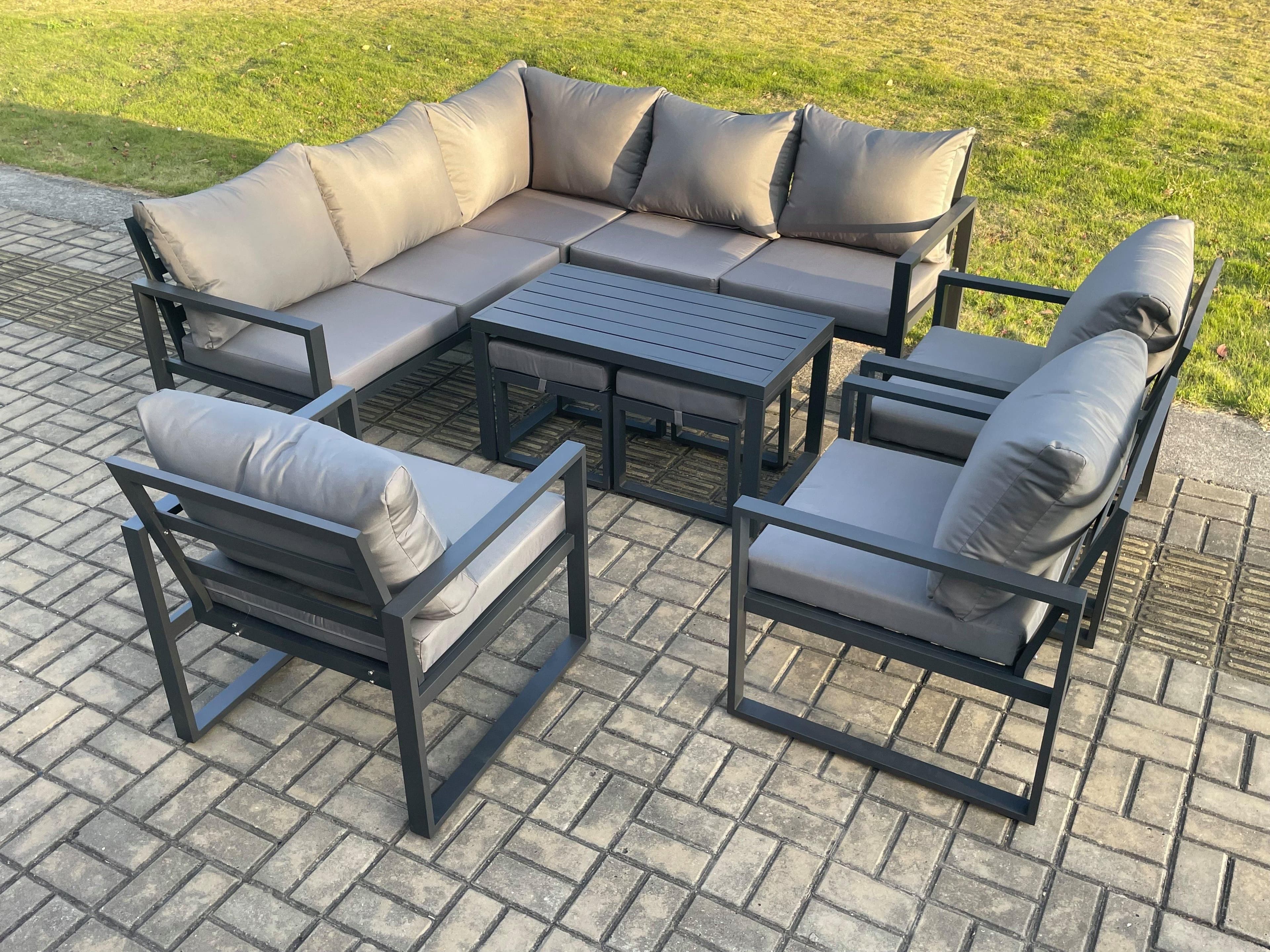 10 Seater Aluminium Outdoor Garden Furniture Set Patio Lounge Sofa Oblong Coffee Table Chair 2 Small Footstools Dark Grey