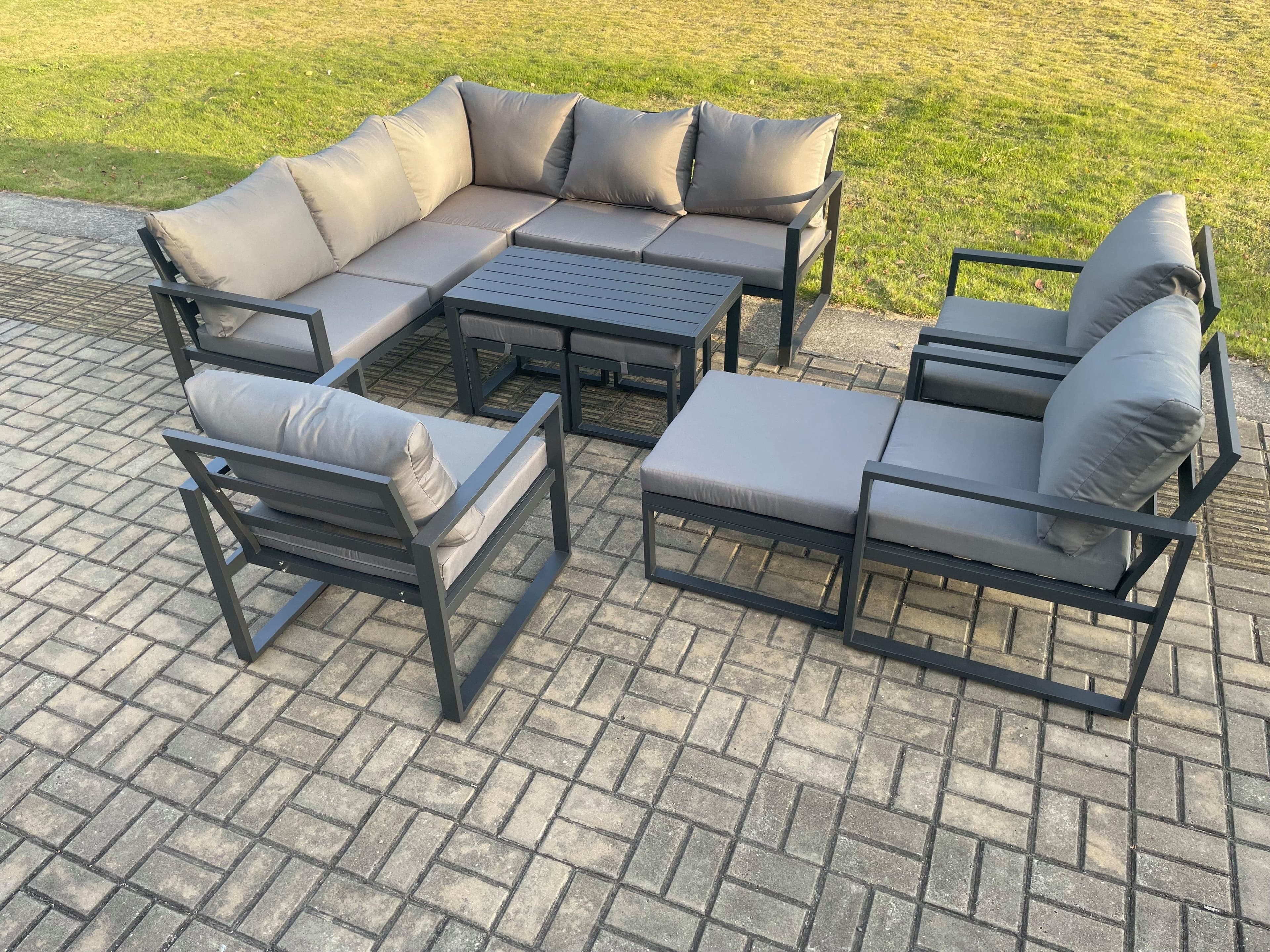 11 Seater Aluminium Outdoor Garden Furniture Set Patio Lounge Sofa Oblong Coffee Table Chair 3 Footstools Dark Grey