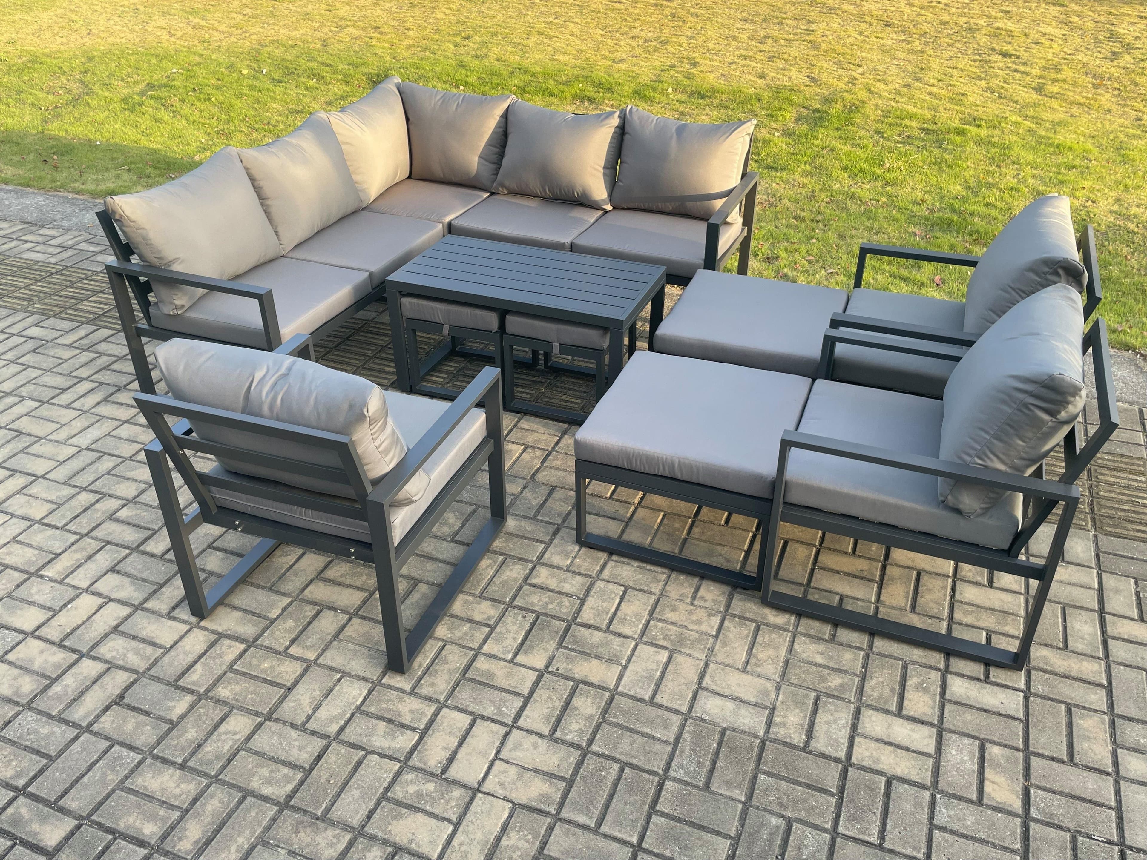 12 Seater Aluminium Outdoor Garden Furniture Set Patio Lounge Sofa Oblong Coffee Table Chair 2 Small Footstools Big Footstool