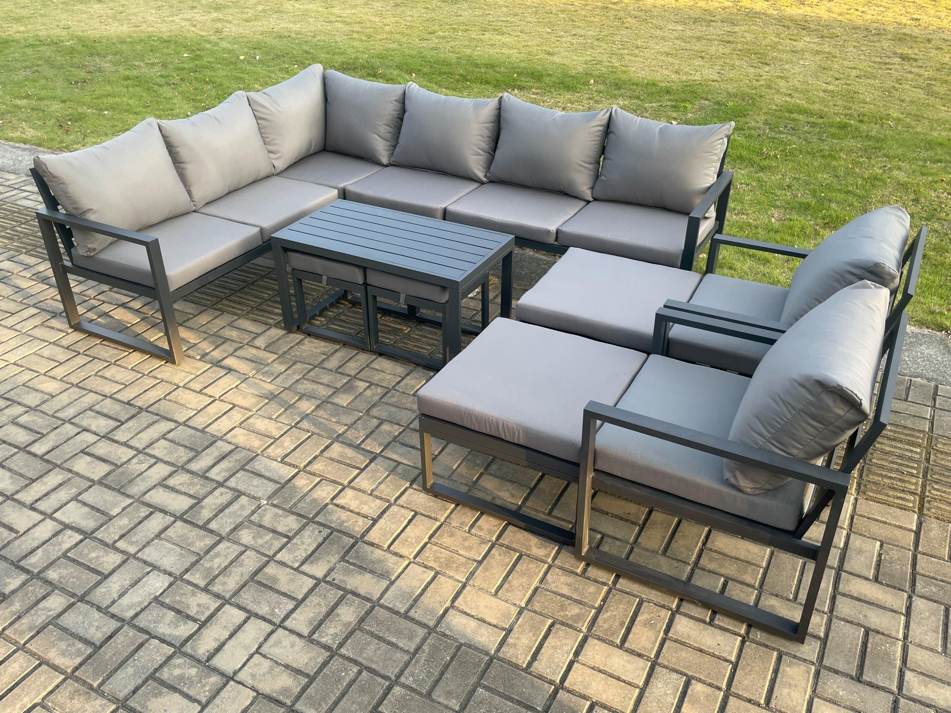 Aluminium Outdoor Garden Furniture Set Patio Lounge Sofa Oblong Coffee Table Chair 2 Small Footstools Big Footstool Dark Grey