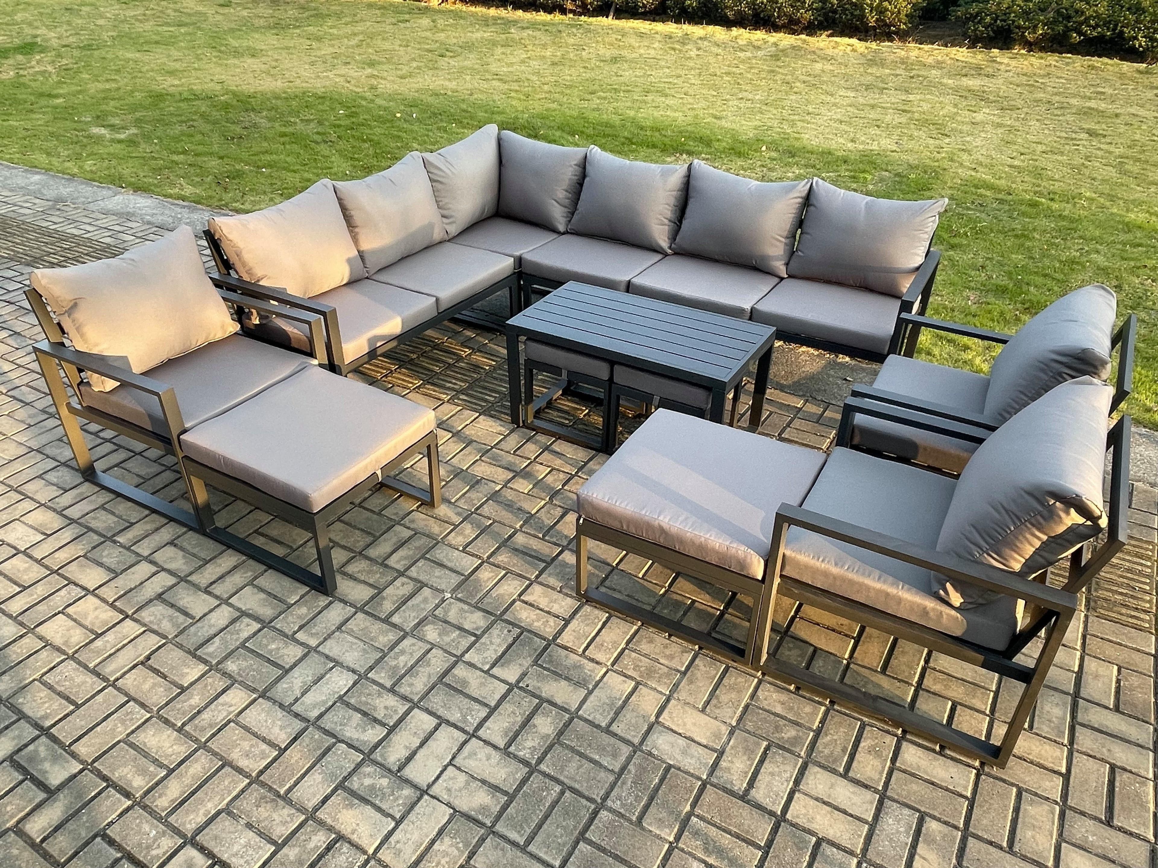 13 Seater Aluminium Outdoor Garden Furniture Set Patio Lounge Sofa Oblong Coffee Table Chair 2 Small Footstools 2 Big Footstools
