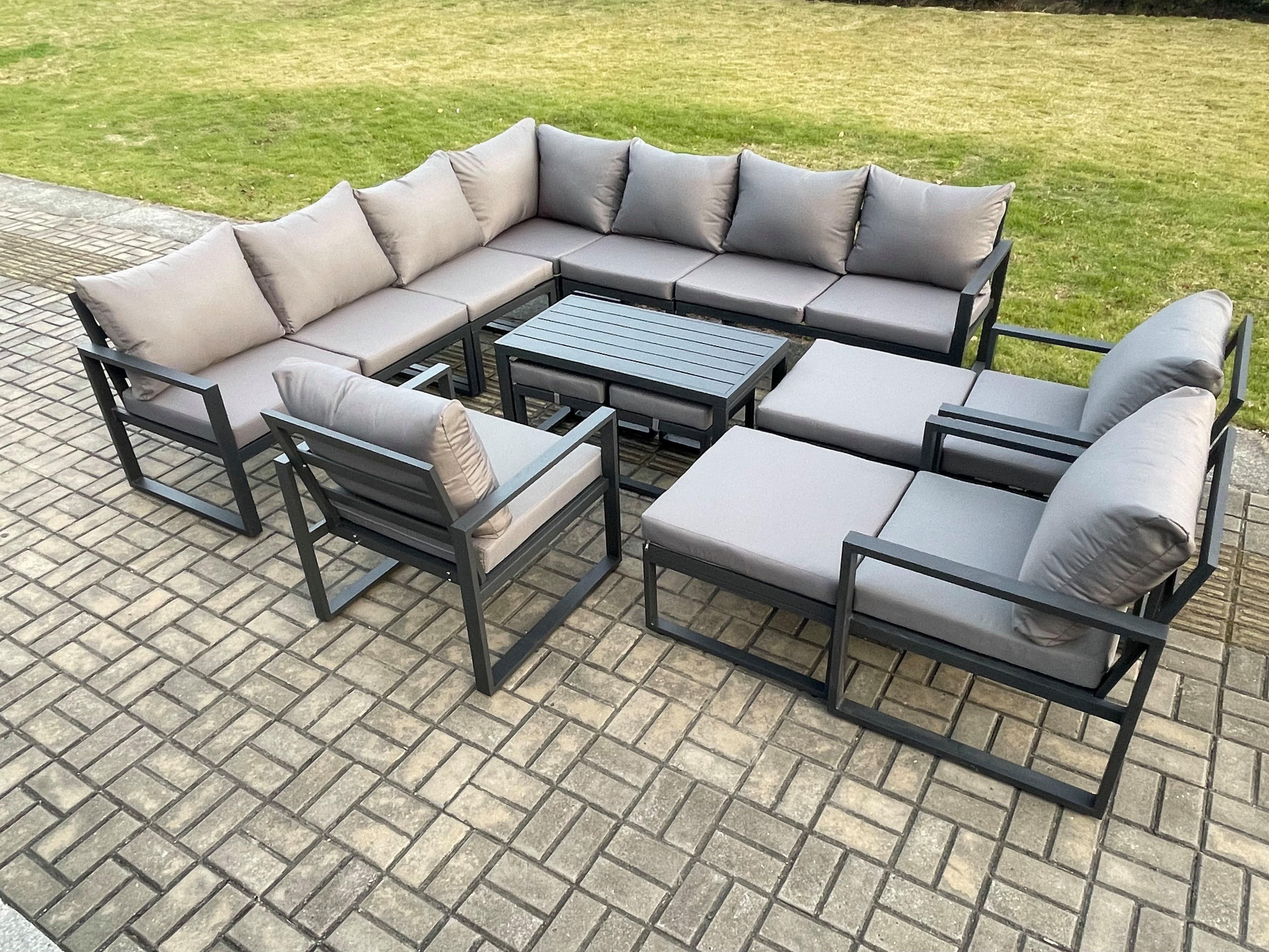 14 Seater Aluminium Outdoor Garden Furniture Set Patio Lounge Sofa Oblong Coffee Table 3 Pcs Chair 2 Small Footstools