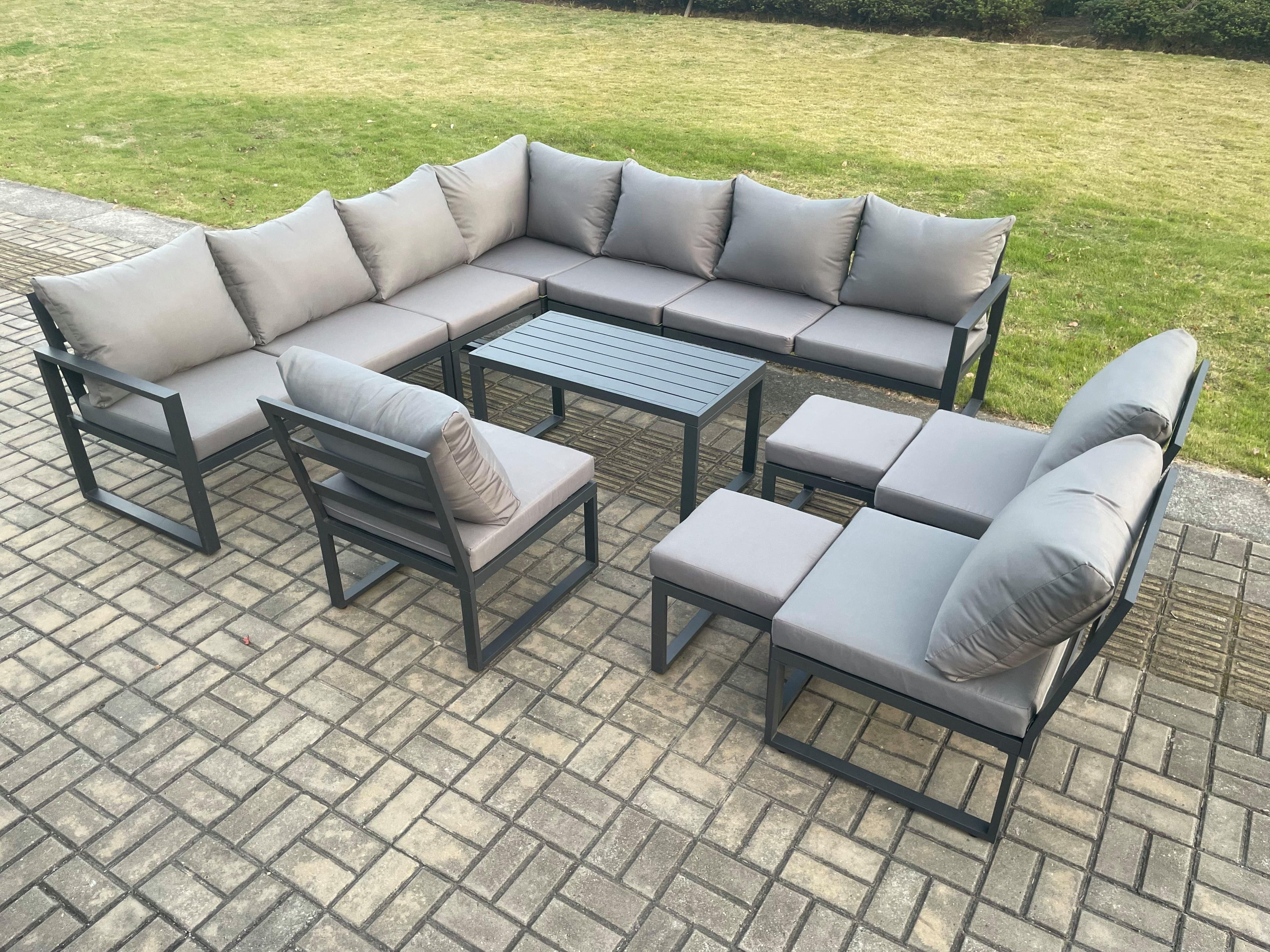 Aluminium Outdoor Garden Furniture Set Patio Lounge Sofa Oblong Coffee Table 2 Small Footstools Dark Grey