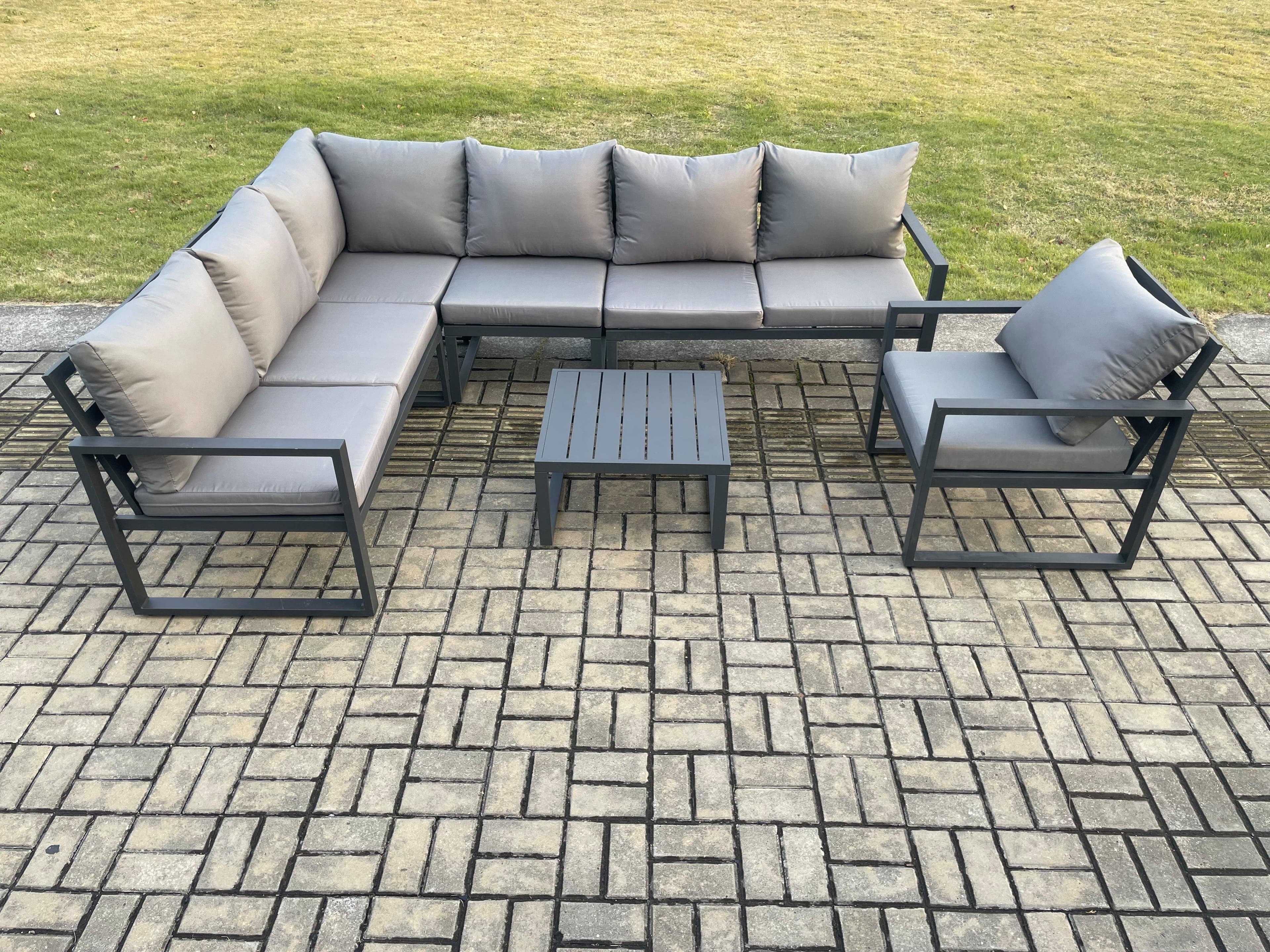 Aluminium Garden Furniture Set Outdoor Lounge Corner Sofa Chair Square Coffee Table Sets Dark Grey 7 Seater