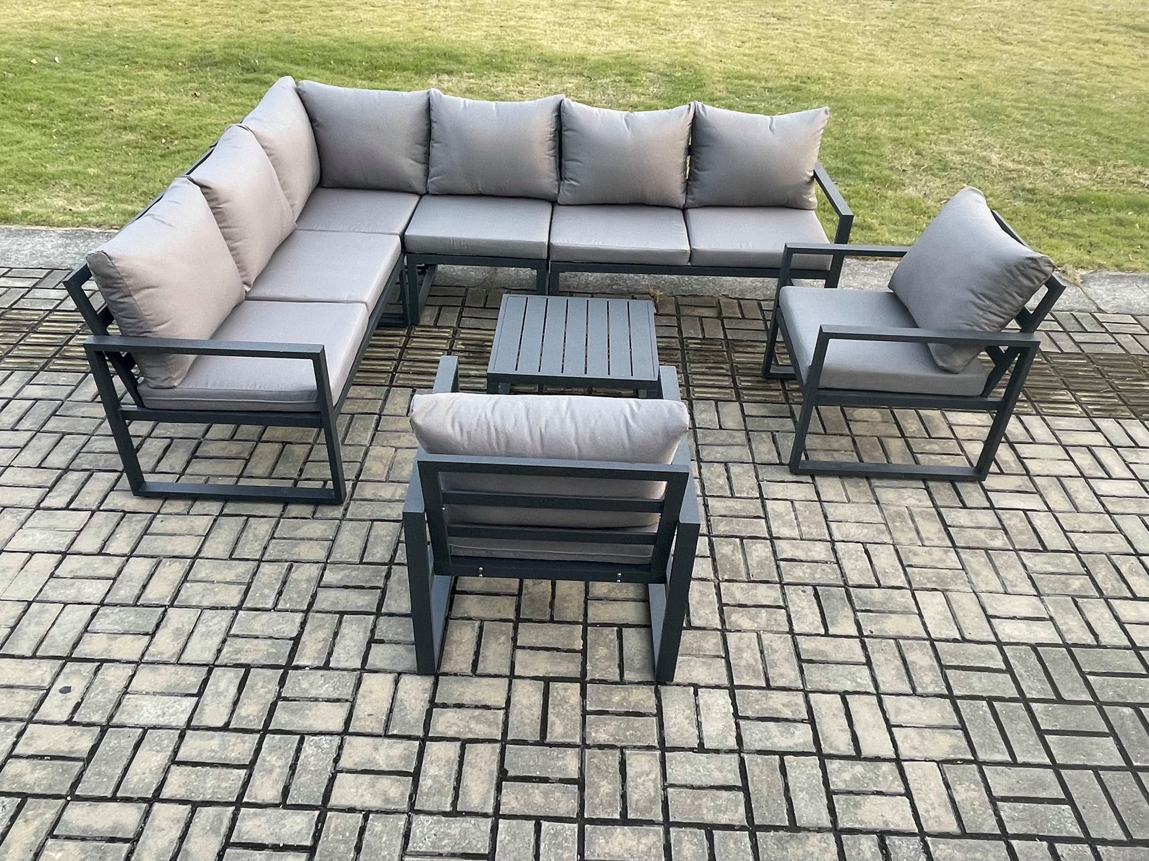 Aluminium Garden Furniture Set Outdoor Lounge Corner Sofa 2 Pcs Chair Square Coffee Table Sets Dark Grey 8 Seater