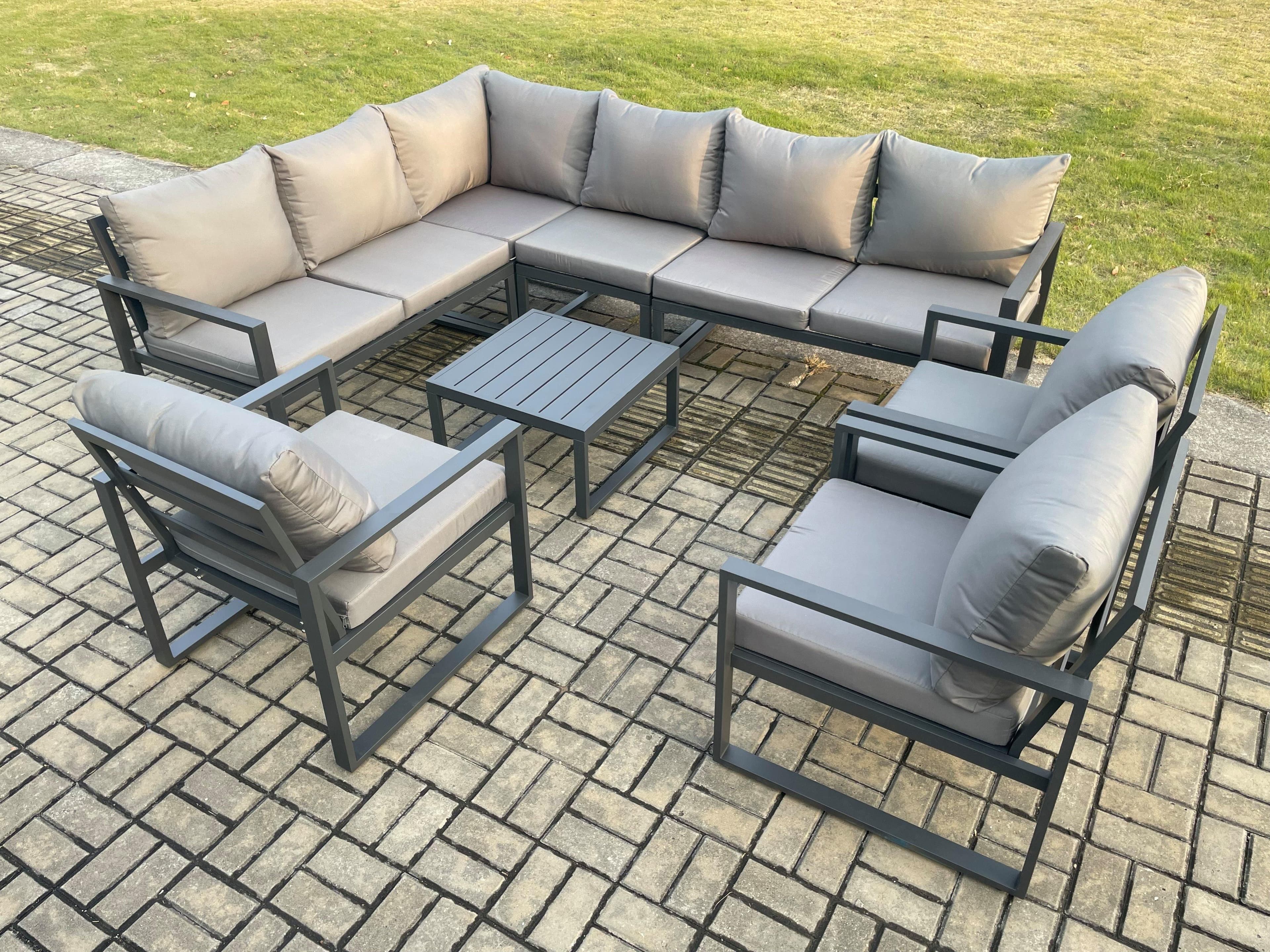 Aluminium Garden Furniture Set Outdoor Lounge Corner Sofa 3 Pcs Chair Square Coffee Table Sets Dark Grey 9 Seater