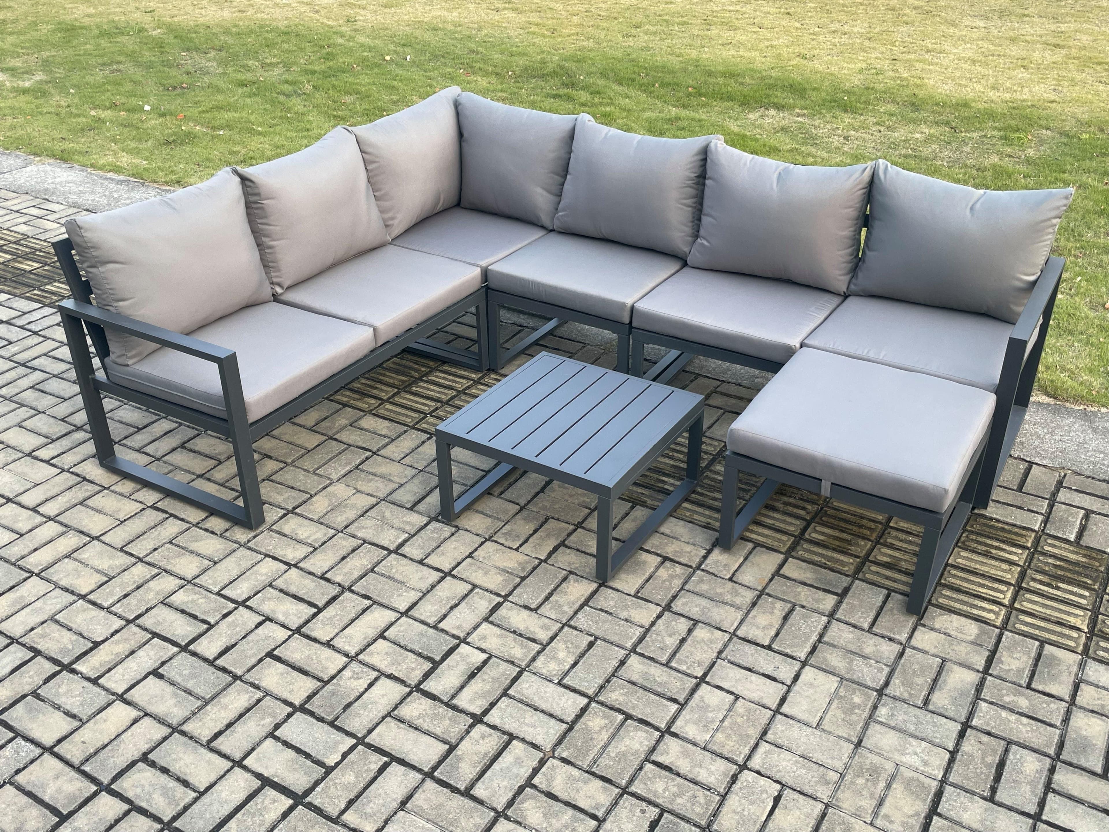 7 Seater Aluminium Garden Furniture Set Outdoor Lounge Corner Sofa Square Coffee Table Sets Big Footstool Dark Grey