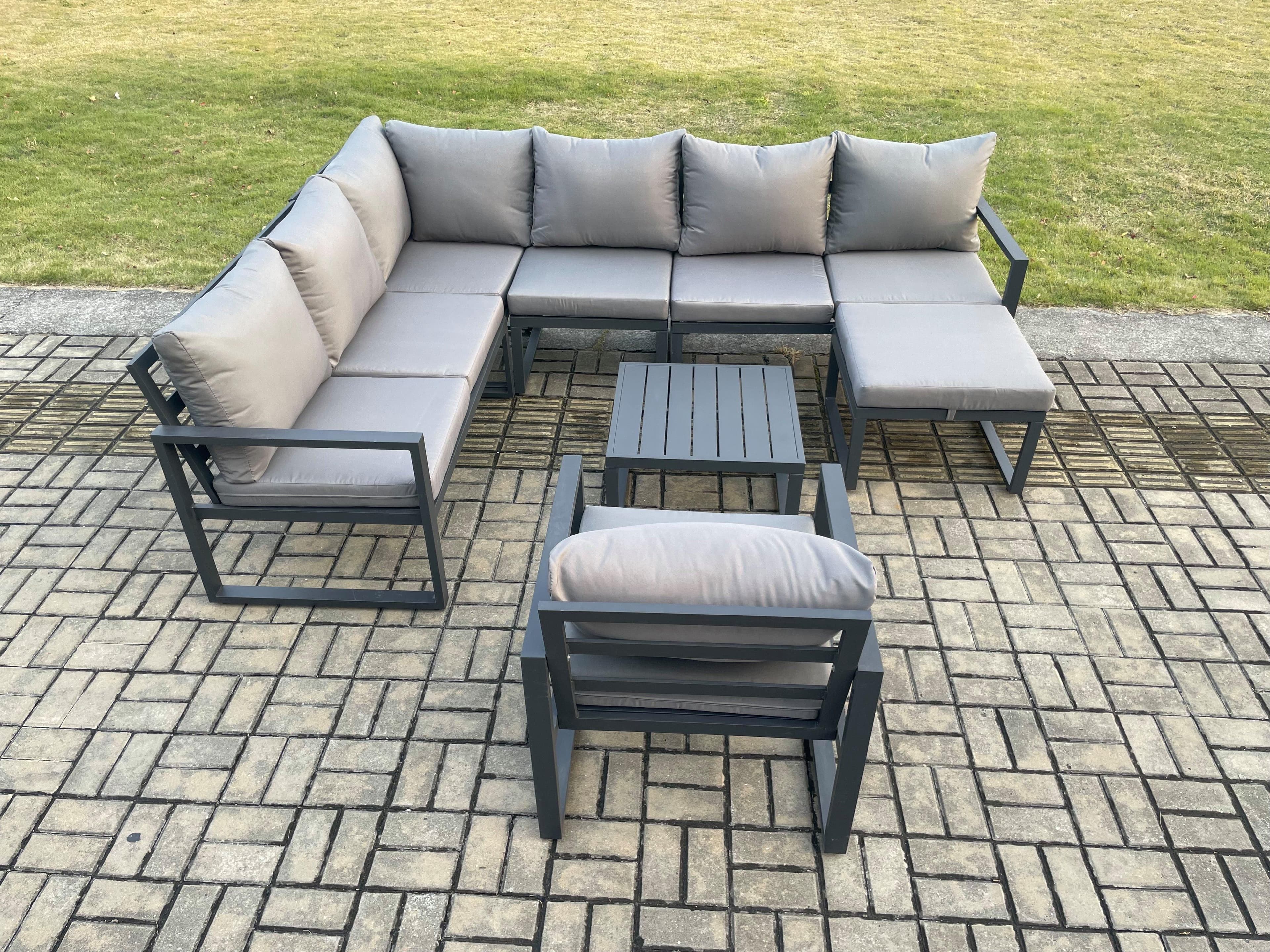 8 Seater Aluminium Garden Furniture Set Outdoor Lounge Corner Sofa Chair Square Coffee Table Sets Big Footstool Dark Grey