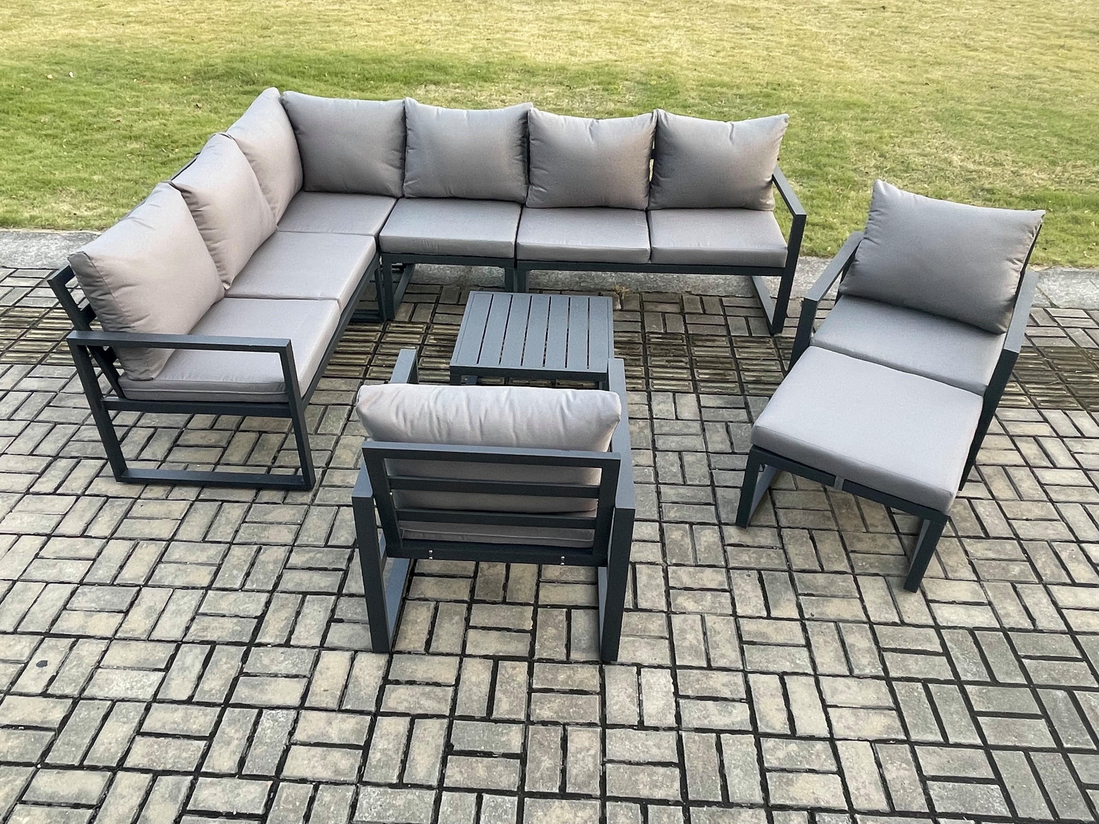 9 Seater Aluminium Garden Furniture Set Outdoor Lounge Corner Sofa 2 Pcs Chair Square Coffee Table Sets Big Footstool Dark Grey