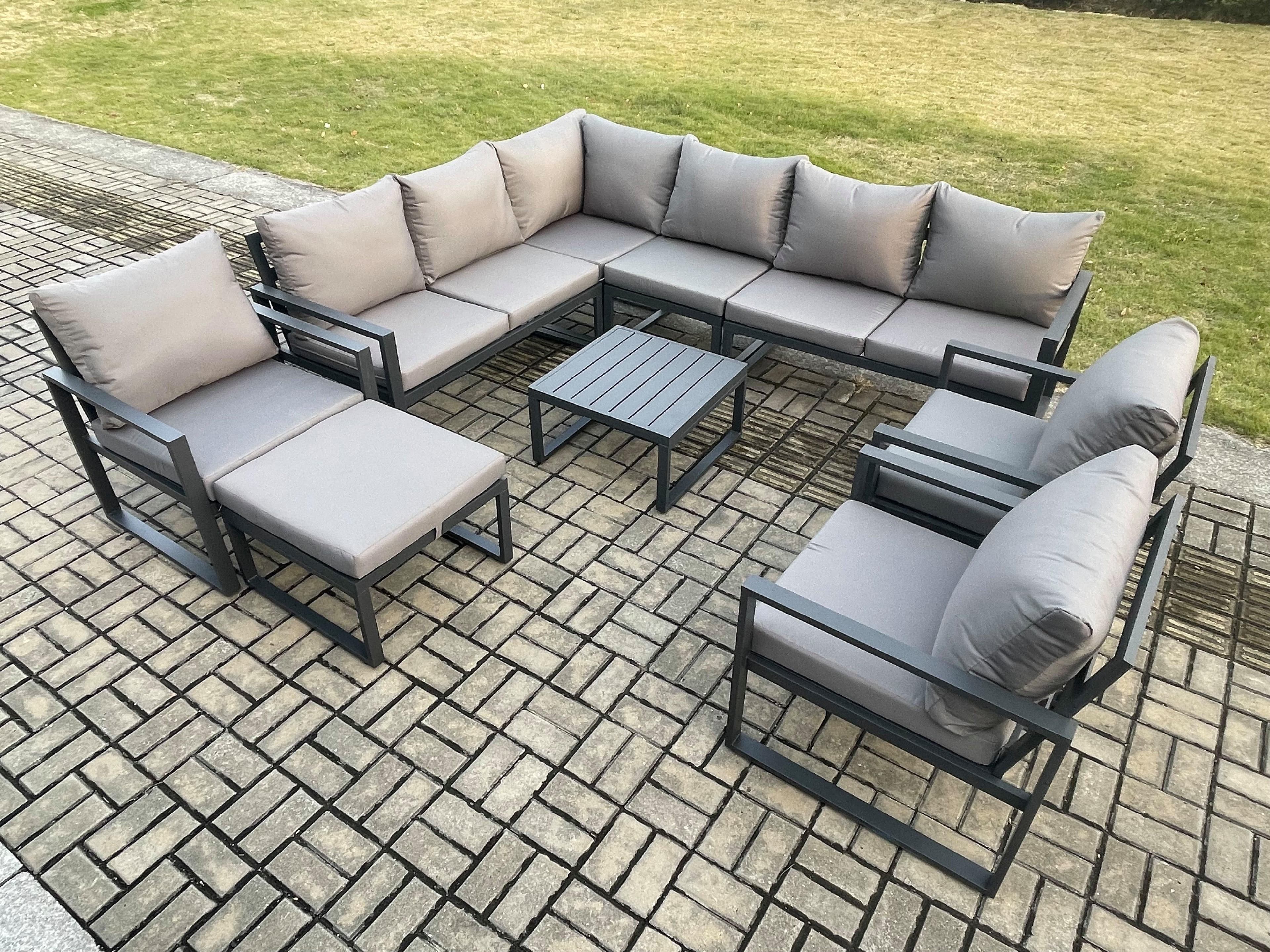 10 Seater Aluminium Garden Furniture Set Outdoor Lounge Corner Sofa 3 Pcs Chair Square Coffee Table Sets Big Footstool Dark Grey