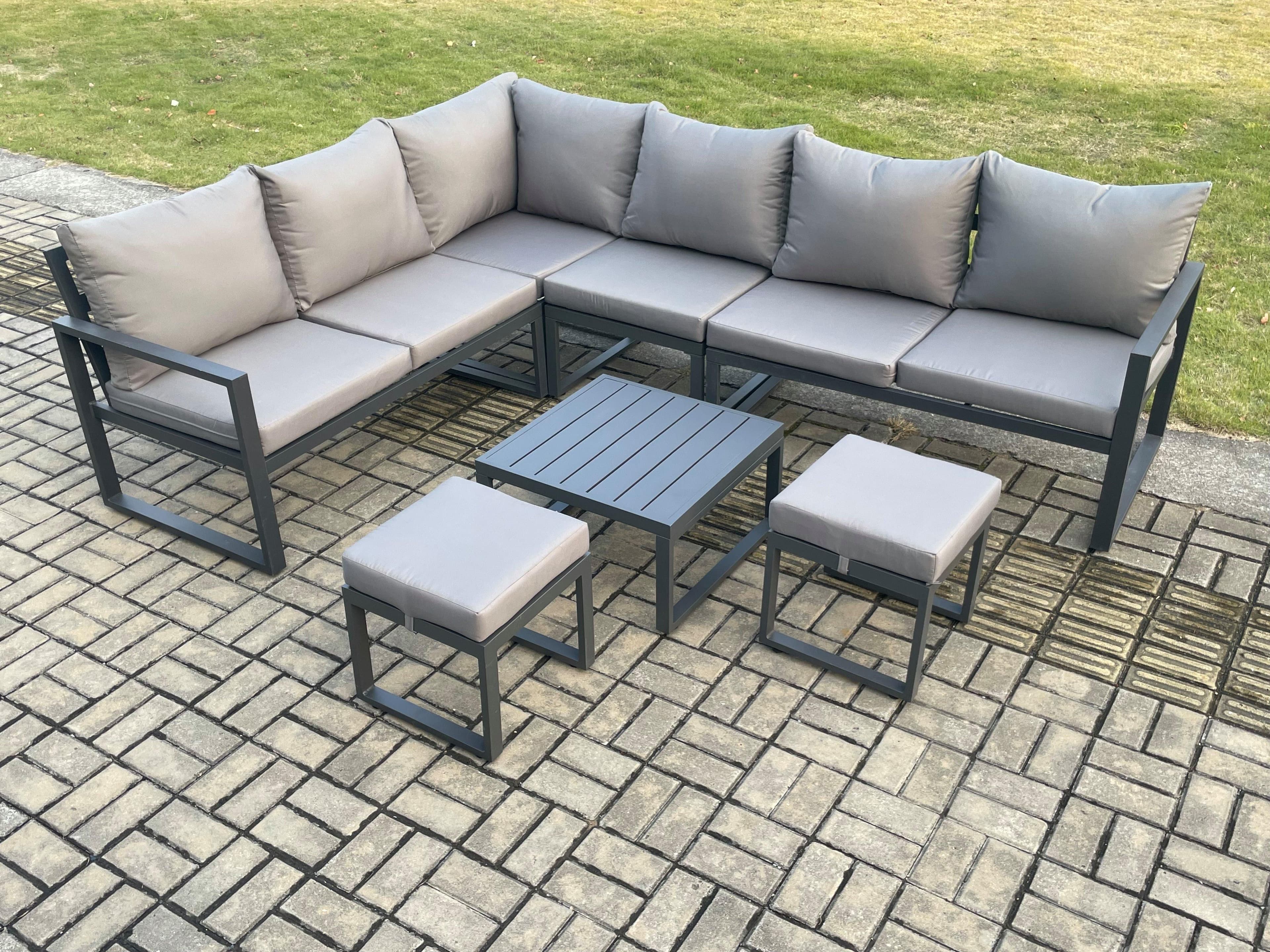 8 Seater Aluminium Garden Furniture Set Outdoor Lounge Corner Sofa Square Coffee Table Sets 2 Small Footstools Dark Grey