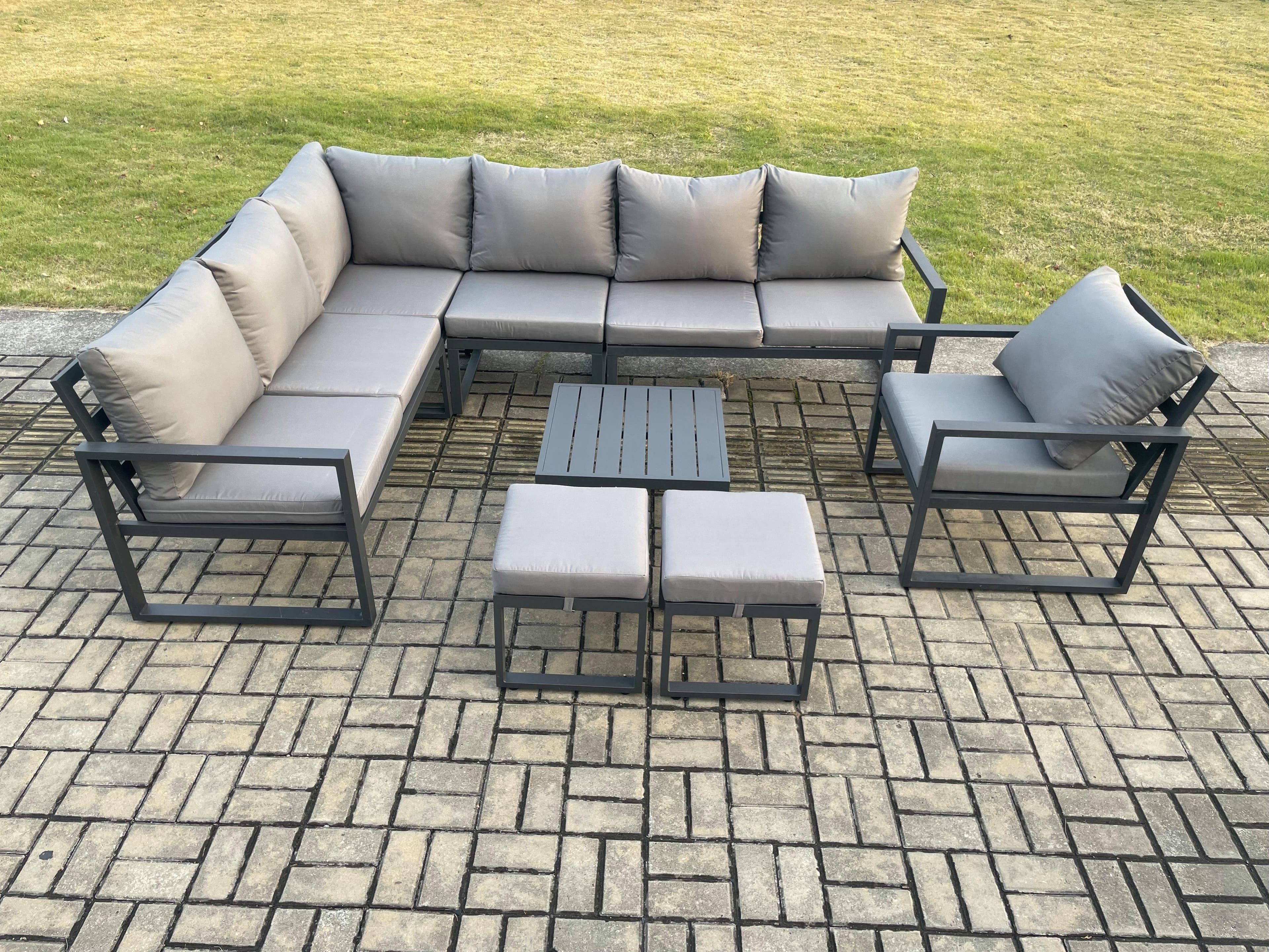 9 Seater Aluminium Garden Furniture Set Outdoor Lounge Corner Sofa Chair Square Coffee Table Sets 2 Small Footstools Dark Grey