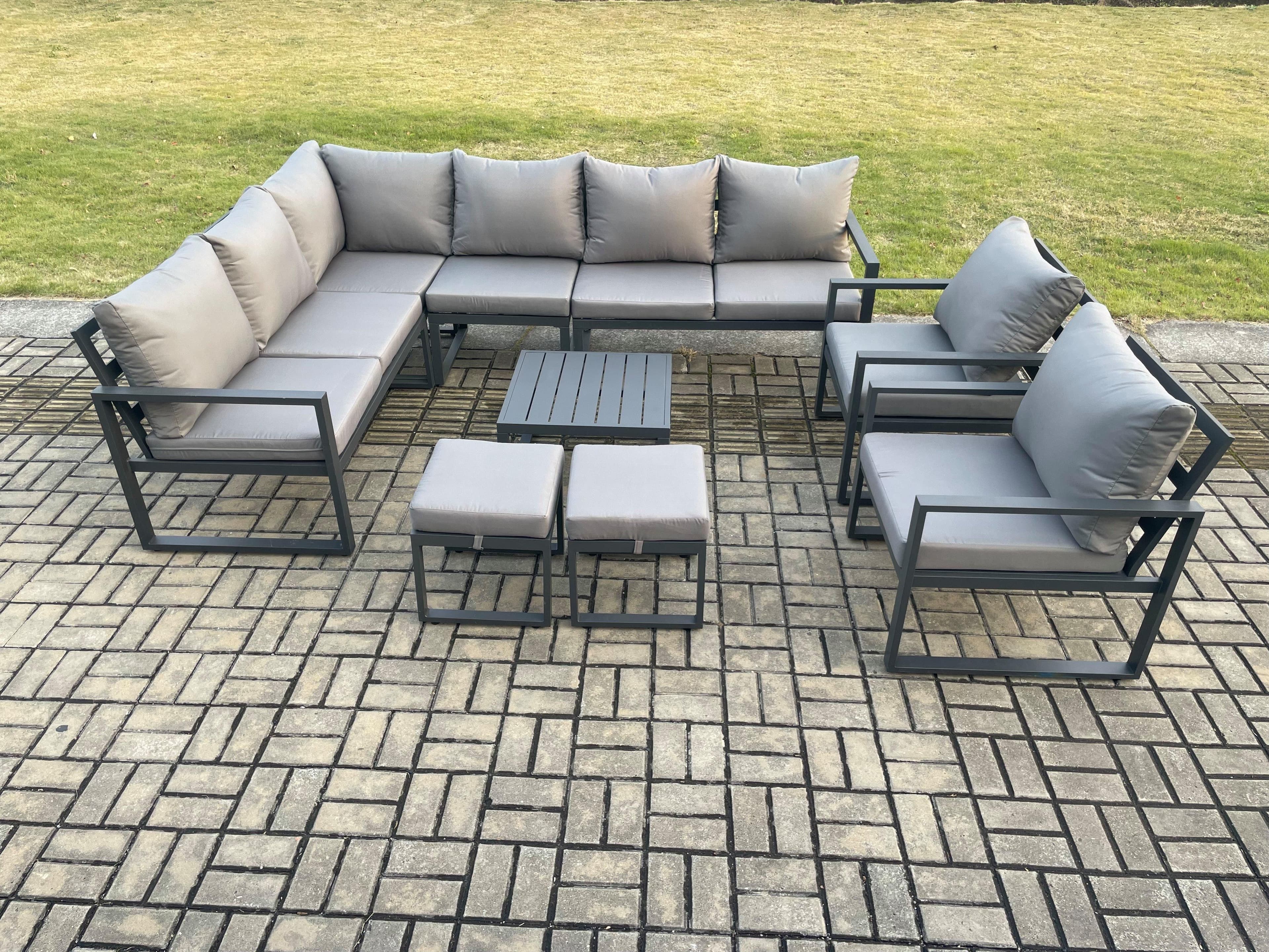 10 Seater Aluminium Garden Furniture Set Outdoor Lounge Corner Sofa 2 Pcs Chair Square Coffee Table Sets 2 Small Footstools Dark Grey