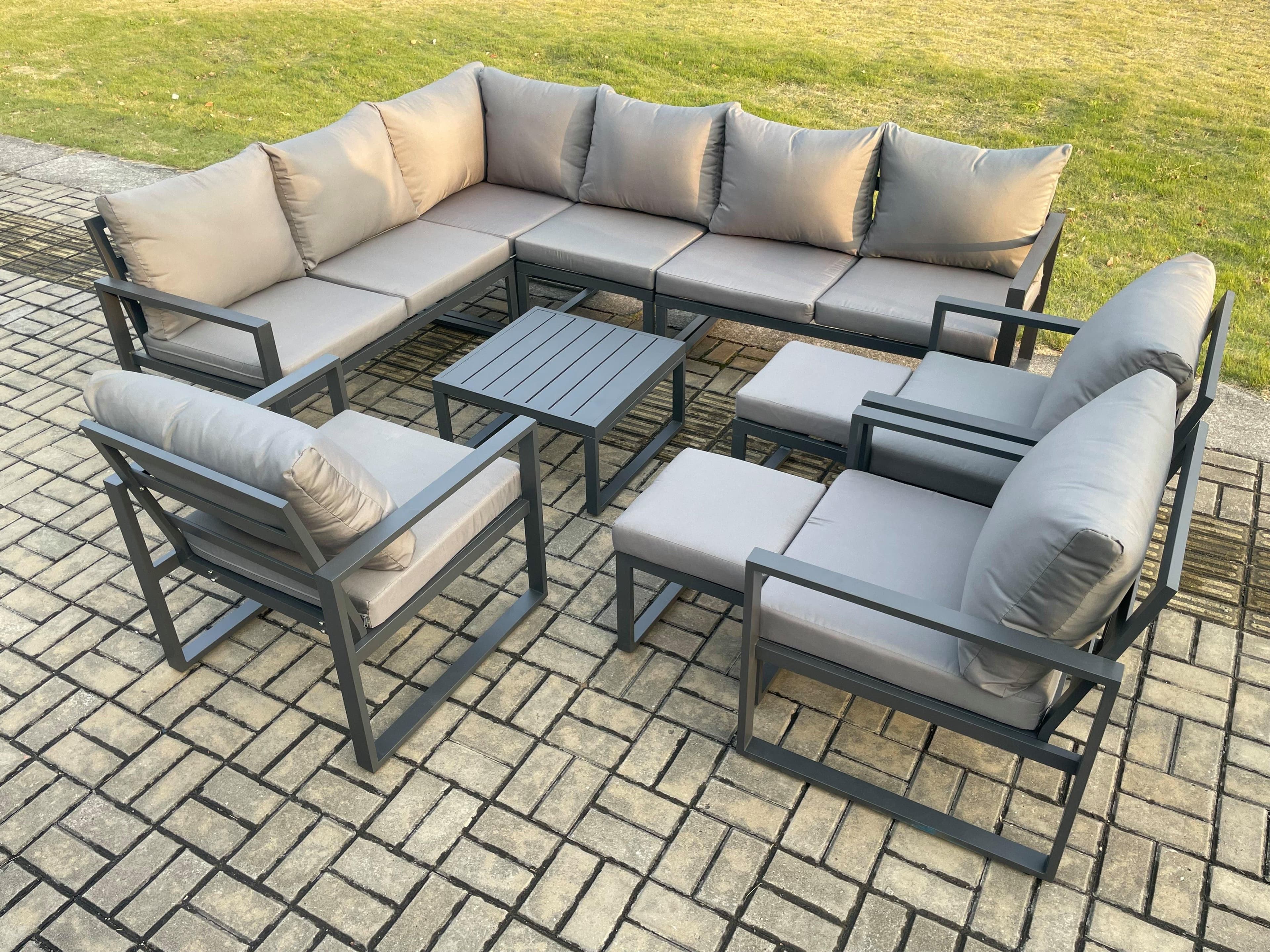 11 Seater Aluminium Garden Furniture Set Outdoor Lounge Corner Sofa 3 Pcs Chair Square Coffee Table Sets 2 Small Footstools Dark Grey