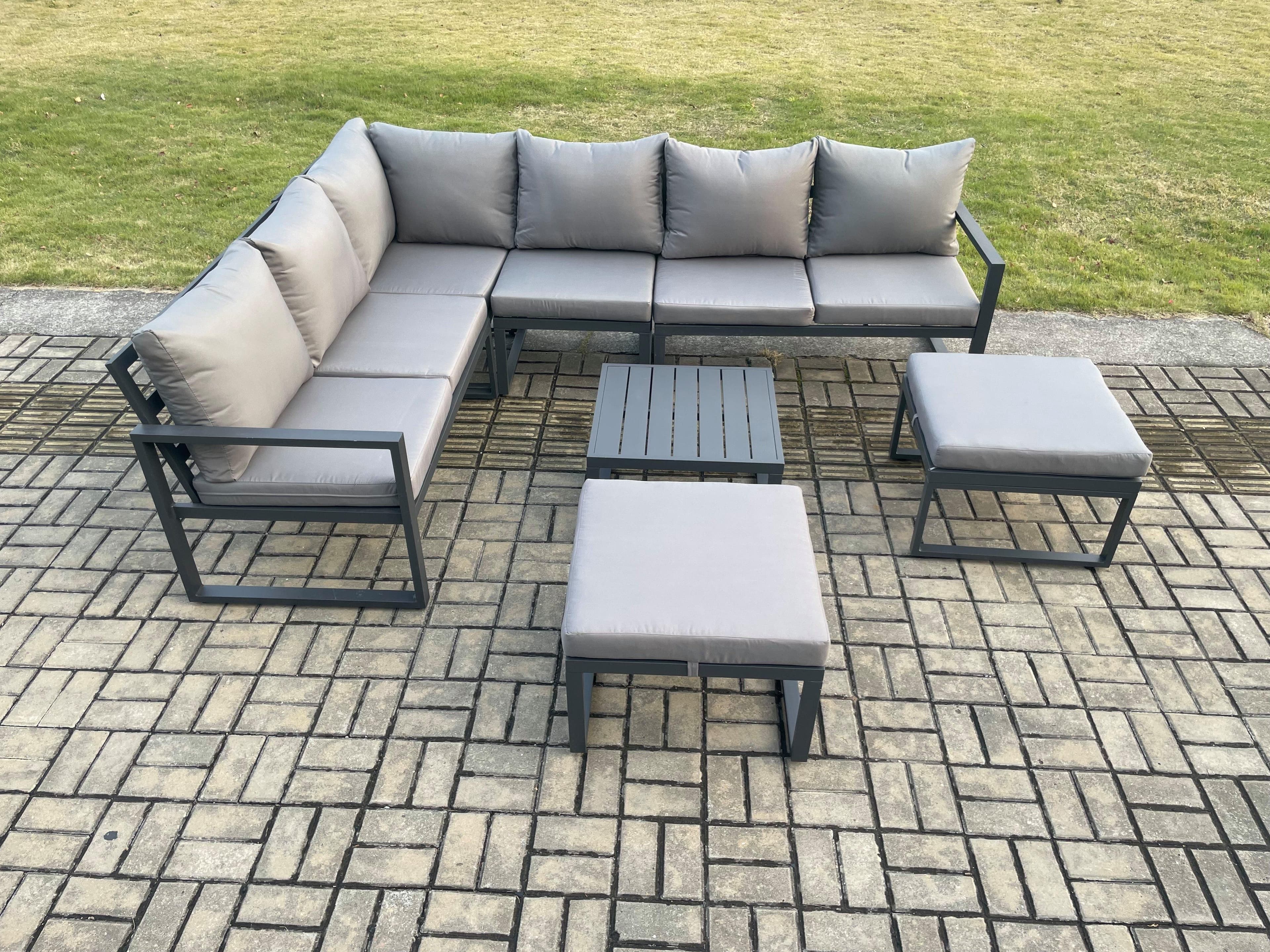 8 Seater Outdoor Lounge Corner Sofa Set Aluminum Garden Furniture Sets Square Coffee Table 2 Big Footstool Dark Grey