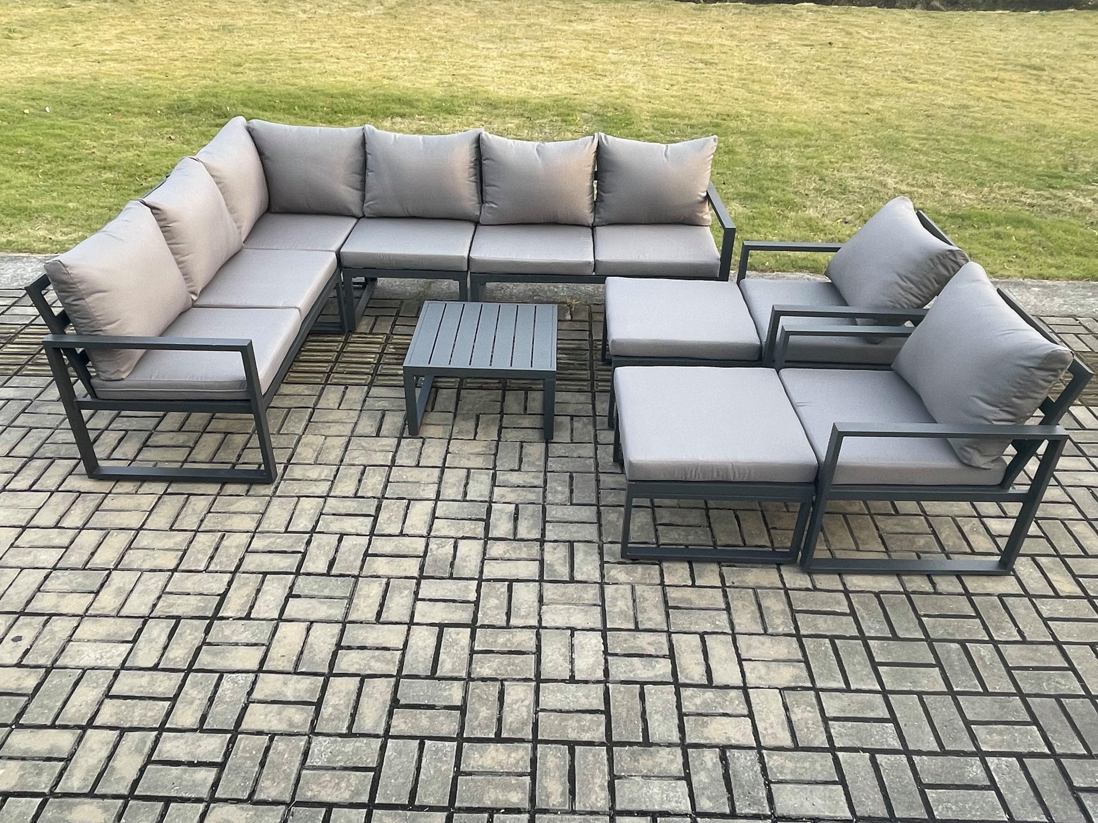 10 Seater Outdoor Lounge Corner Sofa Set Aluminum Garden Furniture Sets Square Coffee Table 2 Chairs 2 Big Footstool Dark Grey