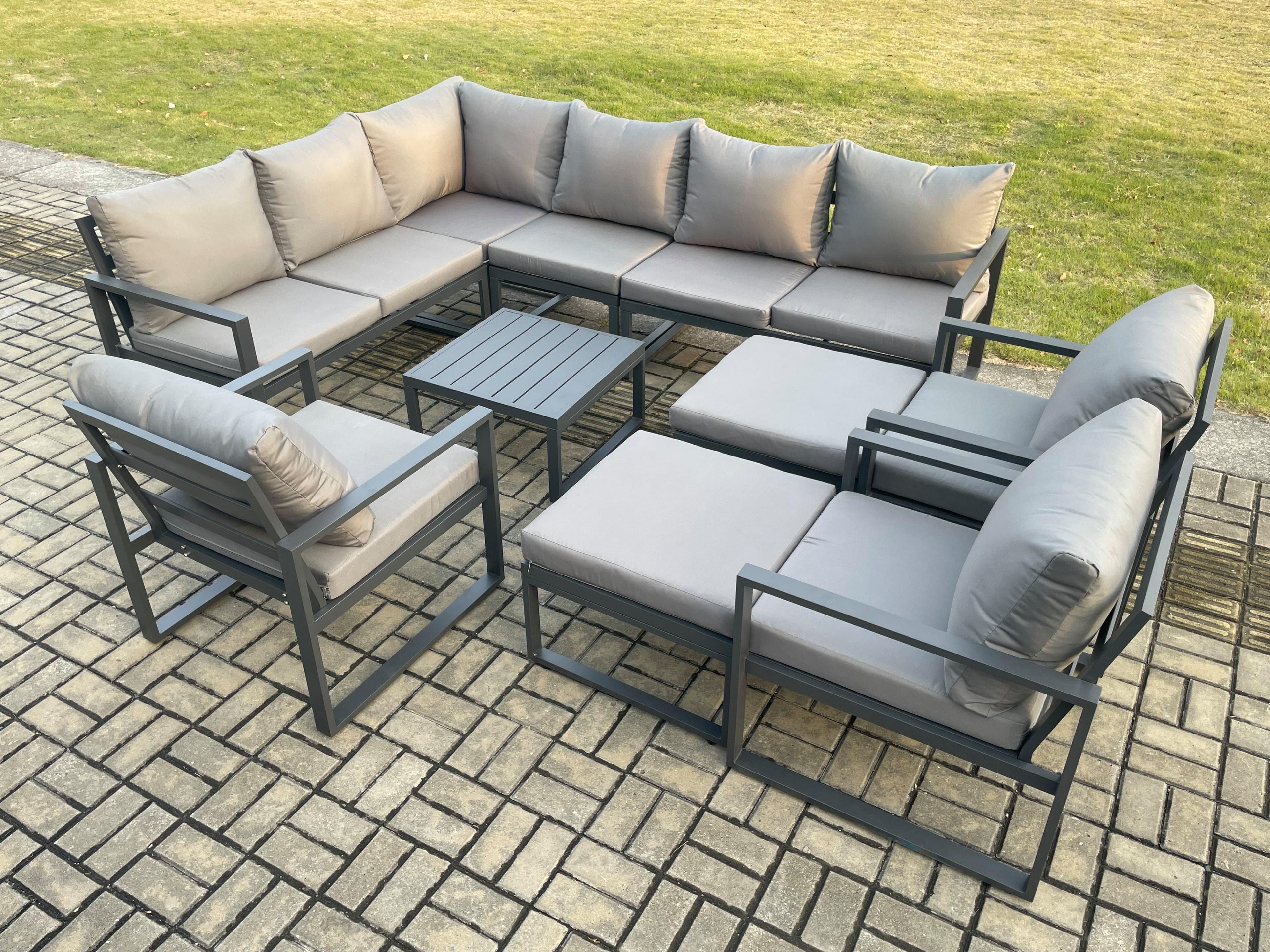 11 Seater Outdoor Lounge Corner Sofa Set Aluminum Garden Furniture Sets Square Coffee Table 3 Chairs 2 Big Footstools Dark Grey