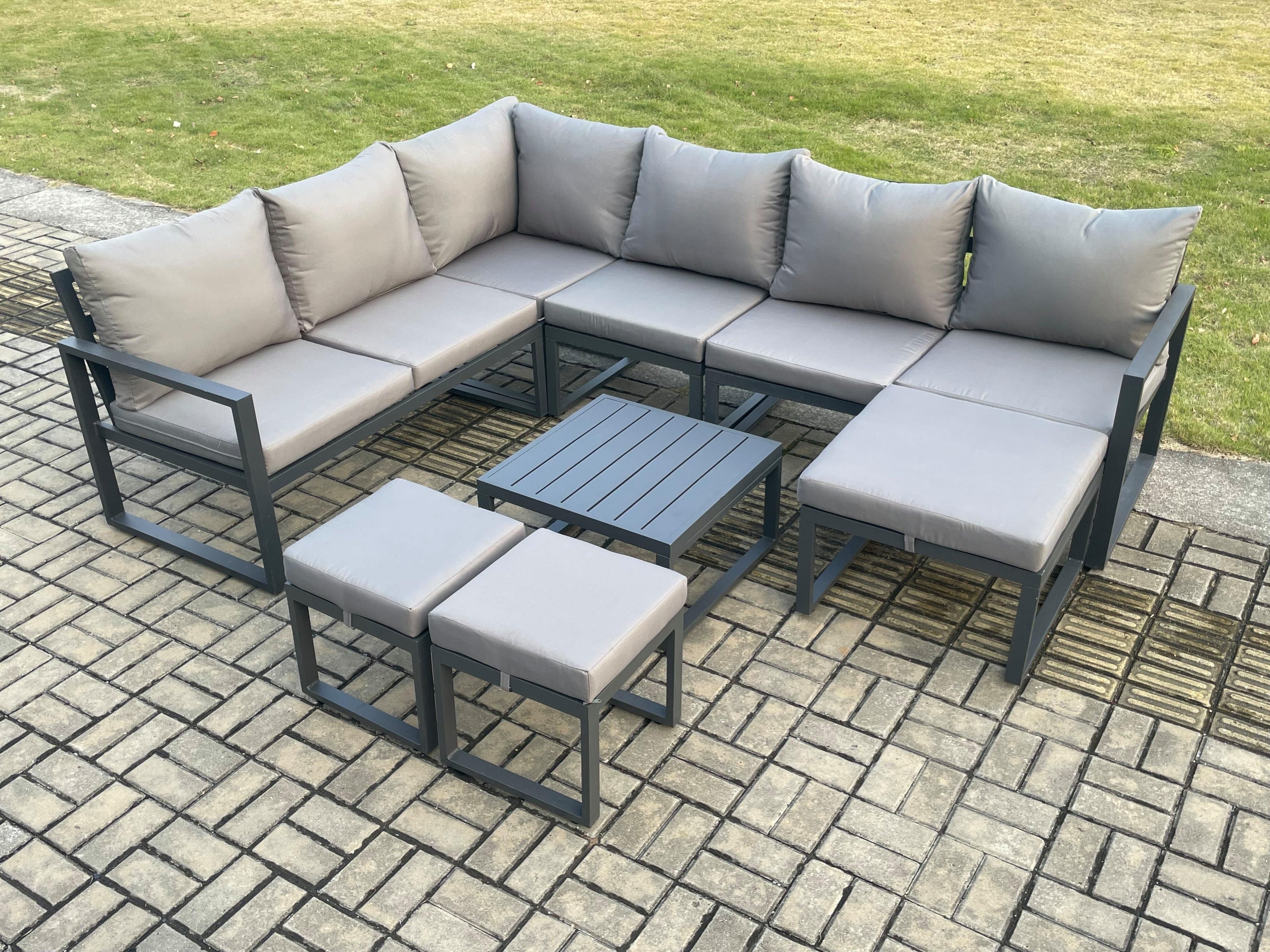 9 Seater Outdoor Lounge Corner Sofa Set Aluminum Garden Furniture Sets Square Coffee Table 3 Footstools Dark Grey