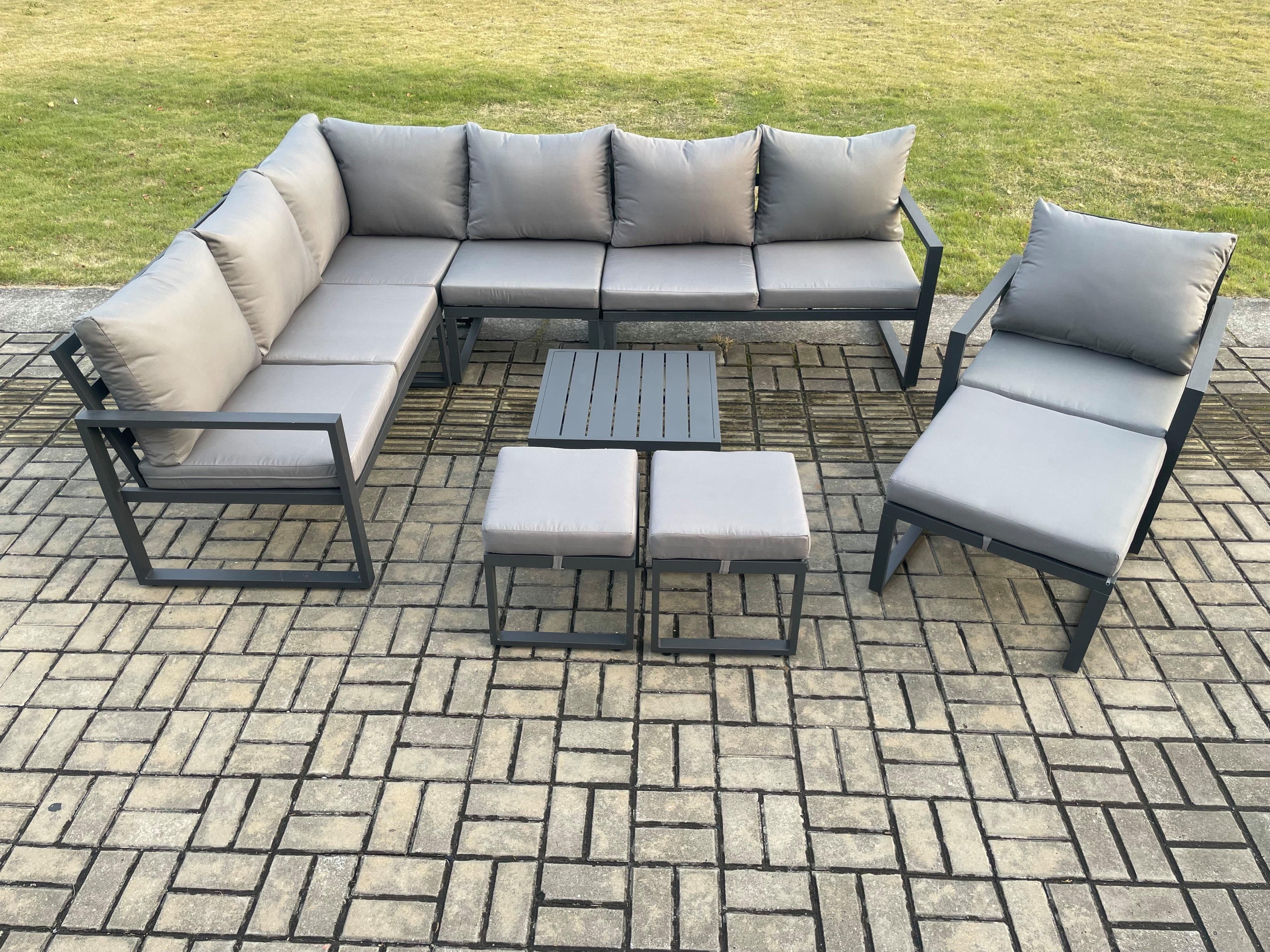 10 Seater Outdoor Lounge Corner Sofa Set Aluminum Garden Furniture Sets Square Coffee Table Chair 3 Footstools Dark Grey