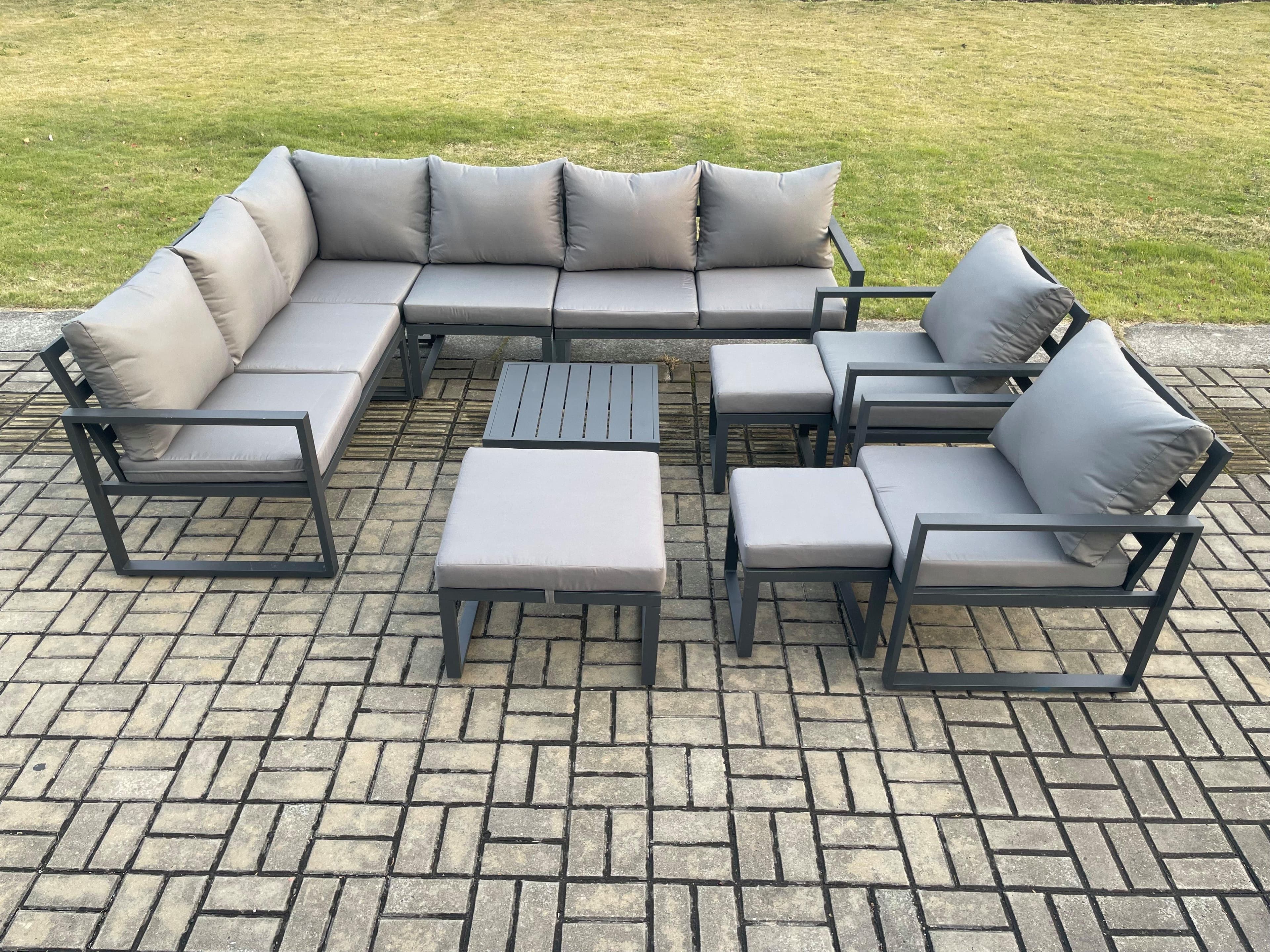 11 Seater Outdoor Lounge Corner Sofa Set Aluminum Garden Furniture Sets Square Coffee Table 2 Chairs 3 Footstools Dark Grey
