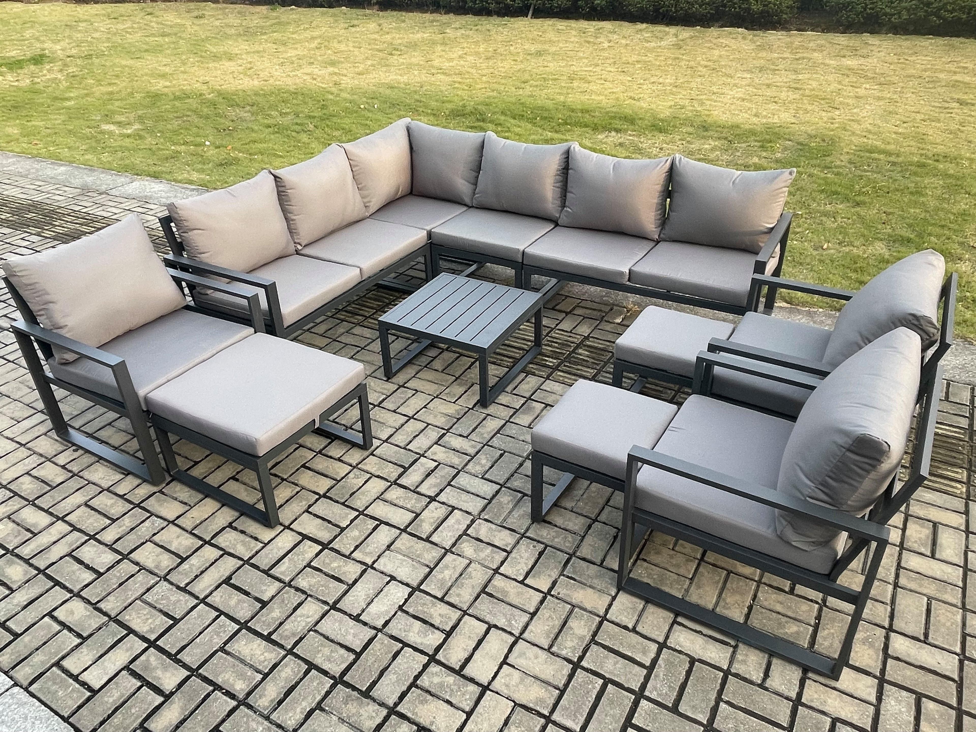 12 Seater Outdoor Lounge Corner Sofa Set Aluminum Garden Furniture Sets Square Coffee Table 3 Chairs 3 Footstools Dark Grey