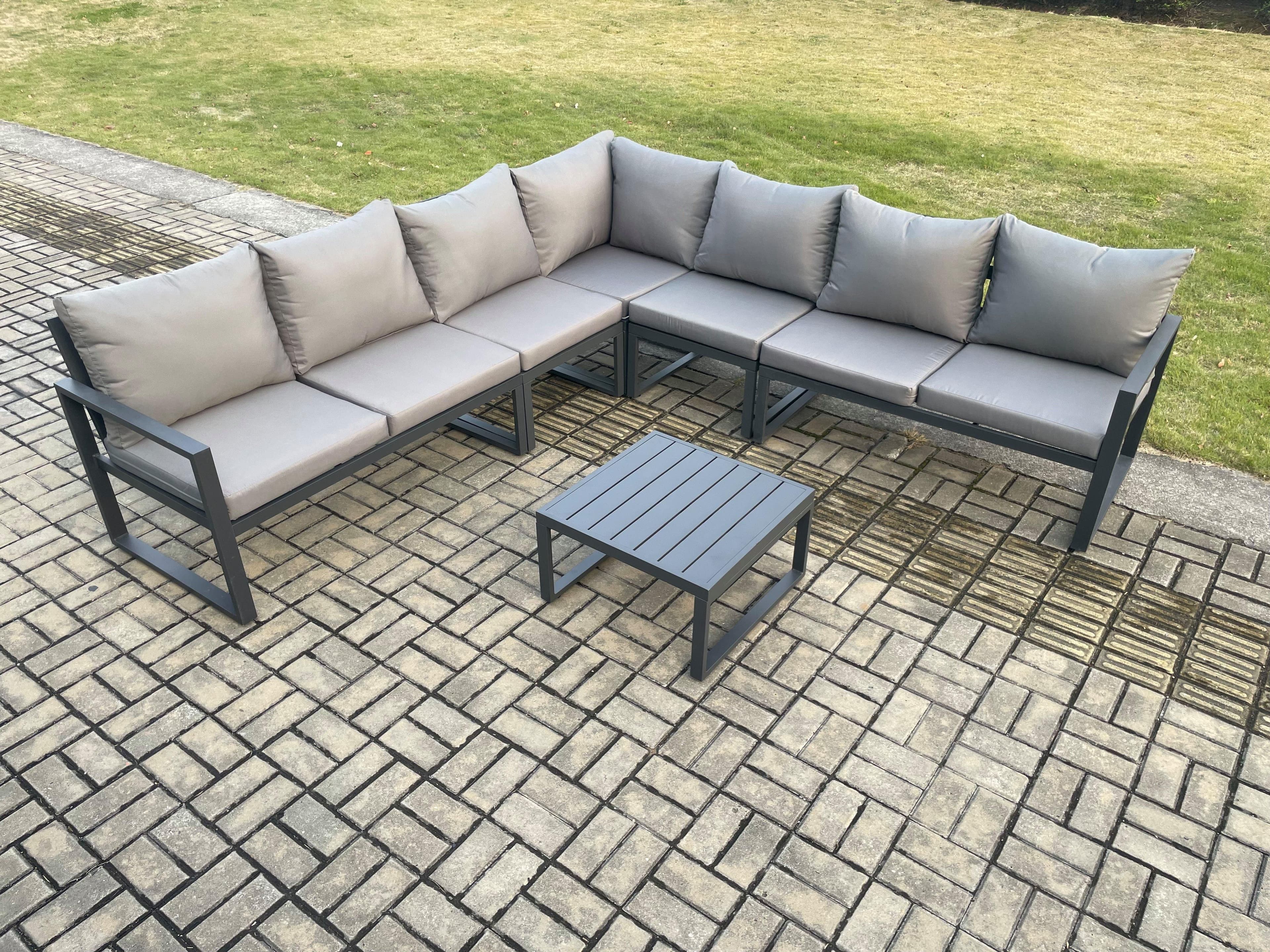 Outdoor Garden Furniture Patio Lounge Corner Sofa Aluminium Set Square Coffee Table Dark Grey