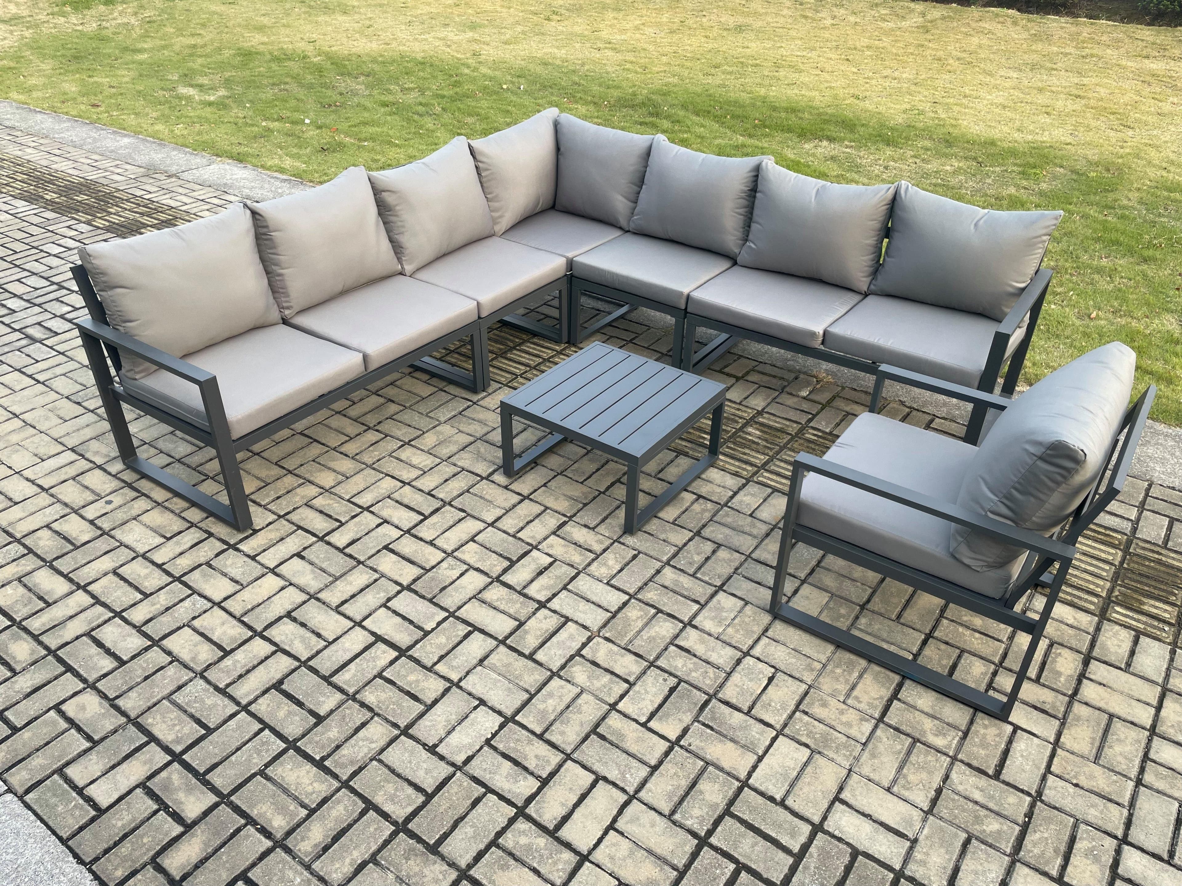 Outdoor Garden Furniture Patio Lounge Corner Sofa Aluminium Set Square Coffee Table Chair Dark Grey