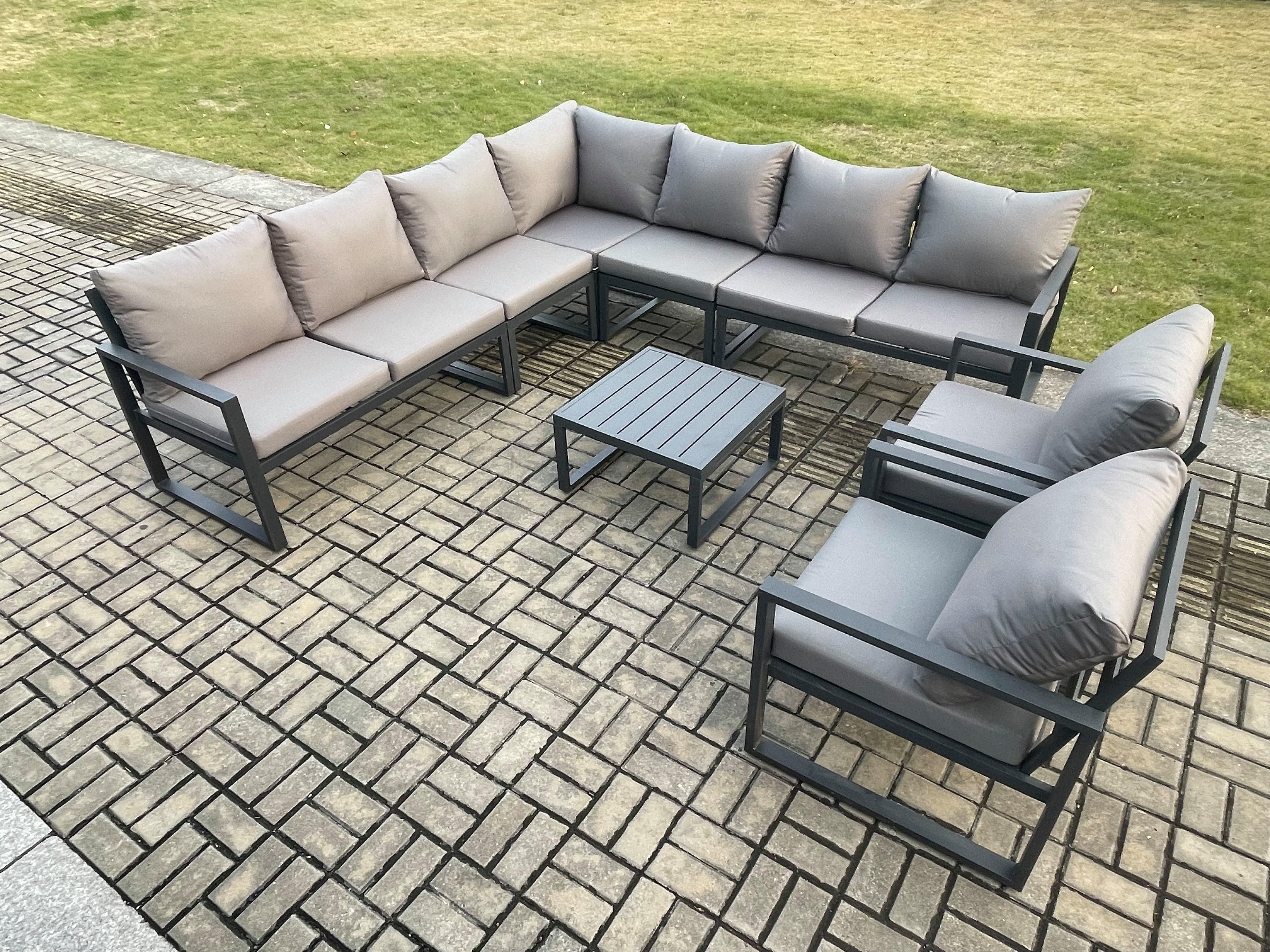 Outdoor Garden Furniture Patio Lounge Corner Sofa Aluminium Set Square Coffee Table 2 Pcs Arm Chairs Dark Grey