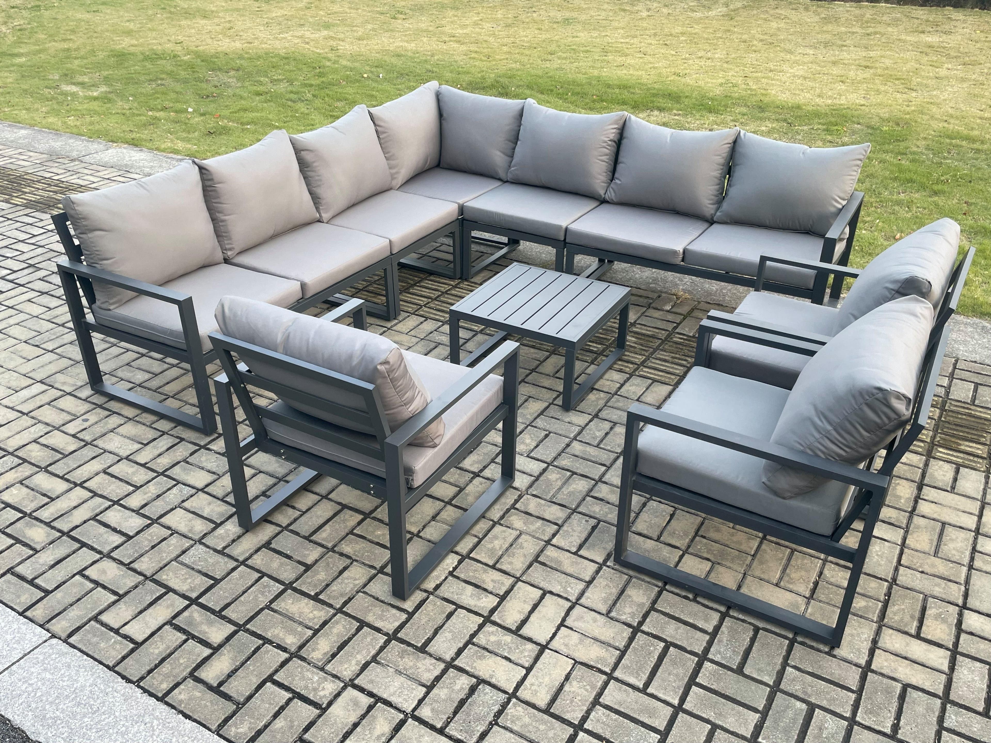 Outdoor Garden Furniture Patio Lounge Corner Sofa Aluminium Set Square Coffee Table 3 Pcs Arm Chairs Dark Grey
