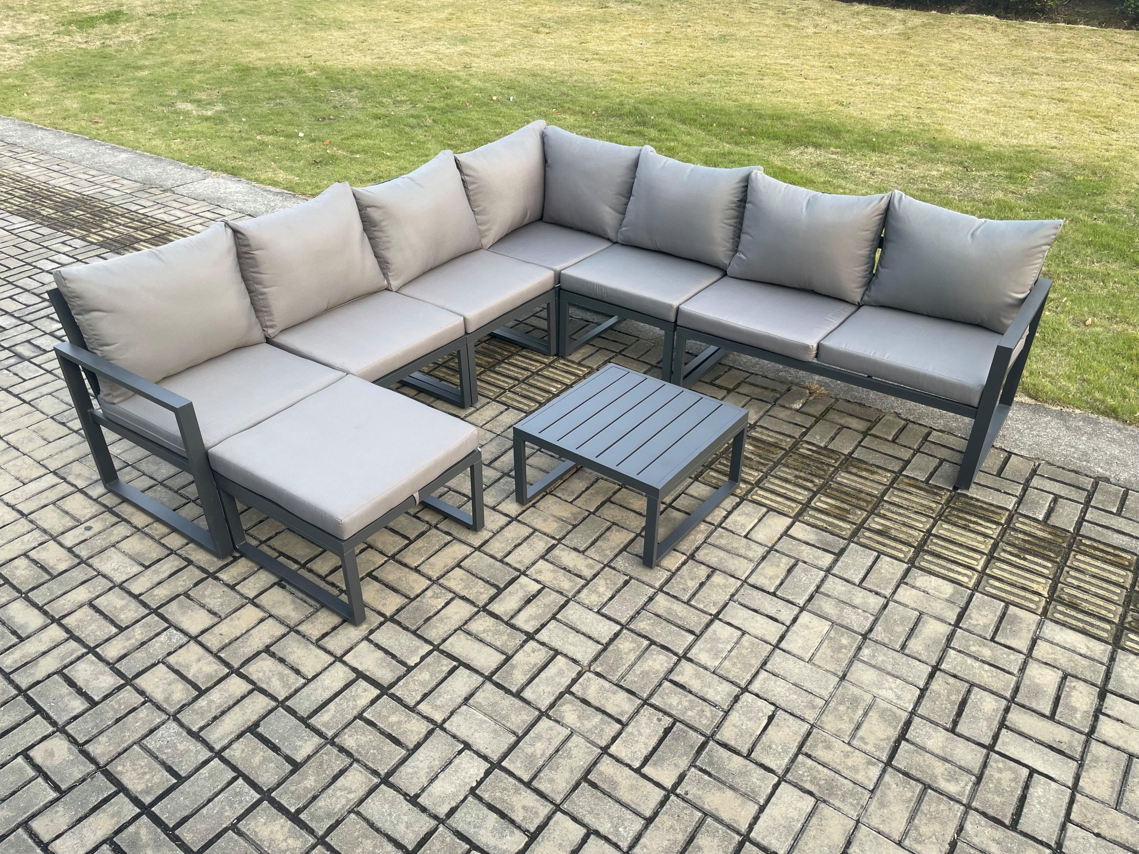 Outdoor Garden Furniture Patio Lounge Corner Sofa Aluminium Set Square Coffee Table Big Footstool Dark Grey