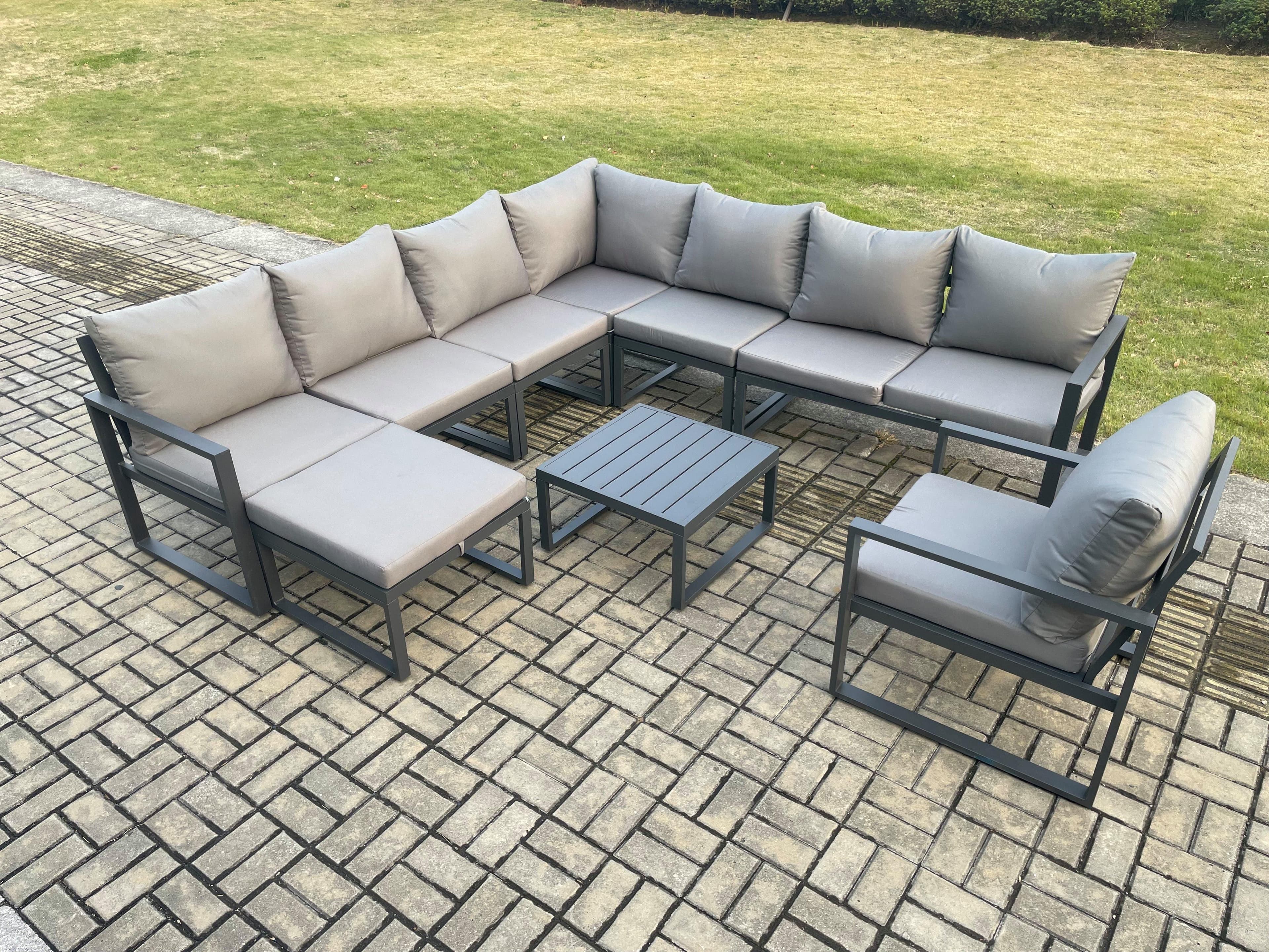 Outdoor Garden Furniture Patio Lounge Corner Sofa Aluminium Set Square Coffee Table Big Footstool Chair Dark Grey