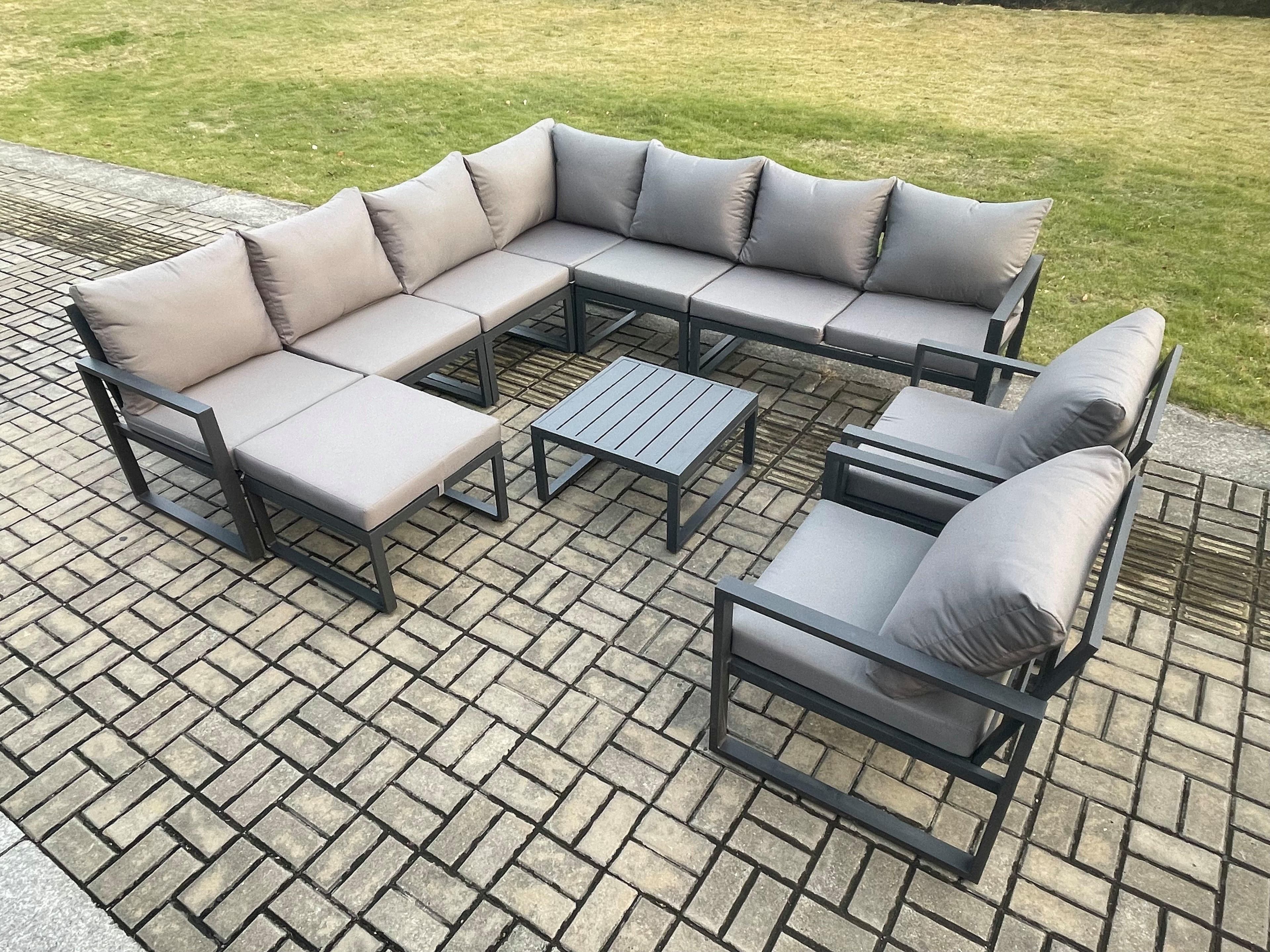 Outdoor Garden Furniture Patio Lounge Corner Sofa Aluminium Set Square Coffee Table Big Footstool 2 Chair Dark Grey