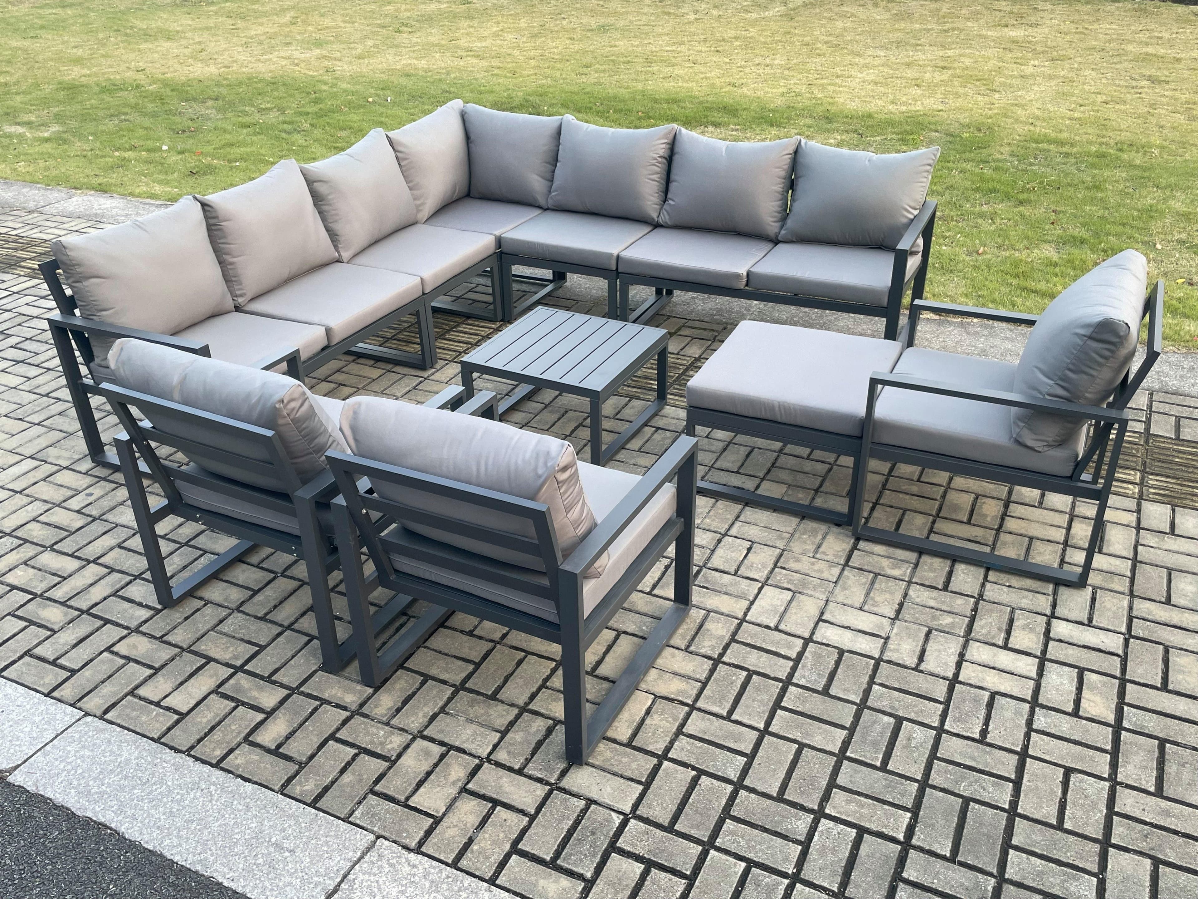 Outdoor Garden Furniture Patio Lounge Corner Sofa Aluminium Set Square Coffee Table Big Footstool 3 Chair Dark Grey