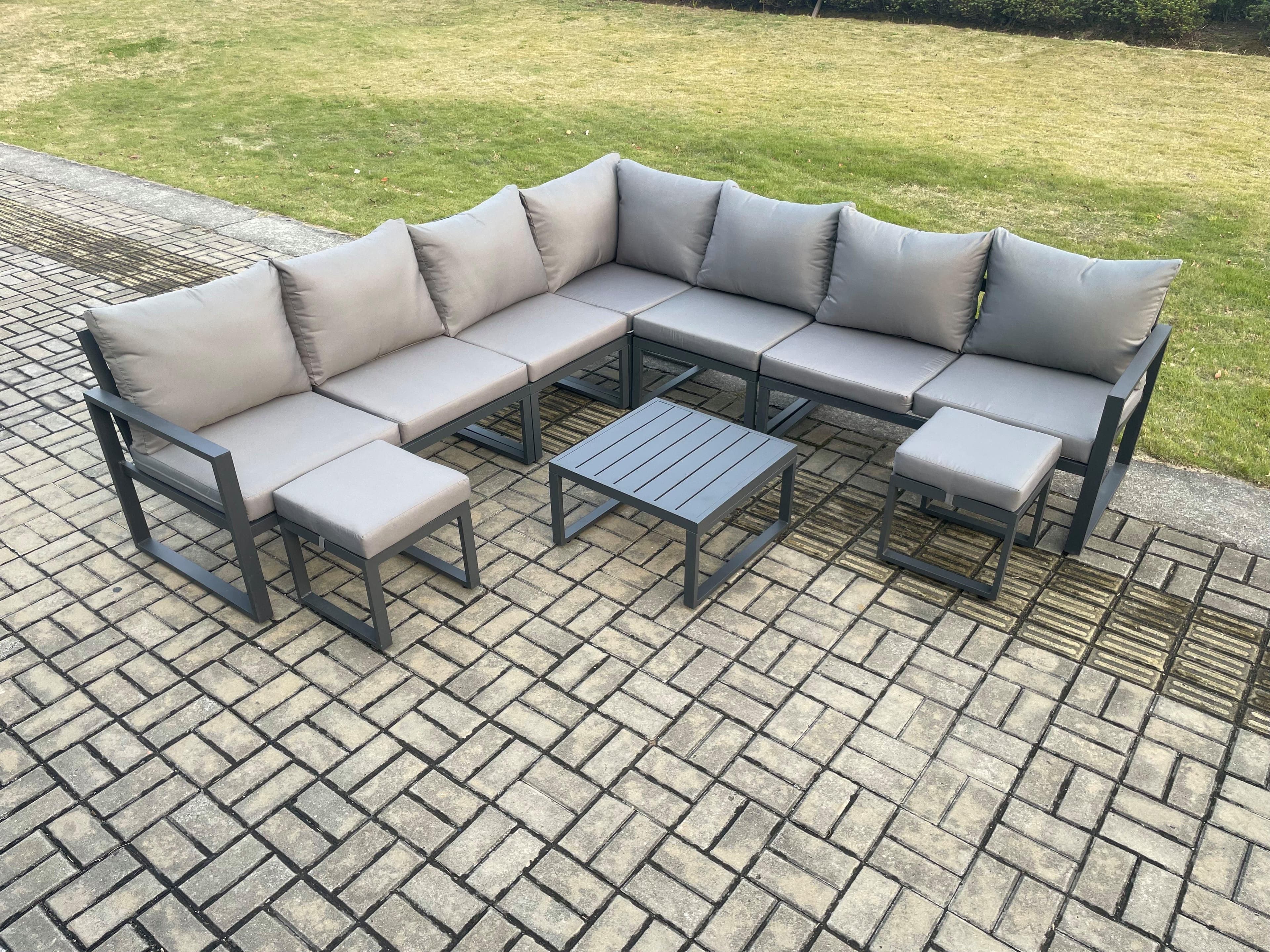 Outdoor Garden Furniture Patio Lounge Corner Sofa Aluminium Set Square Coffee Table 2 Small Footstools Dark Grey